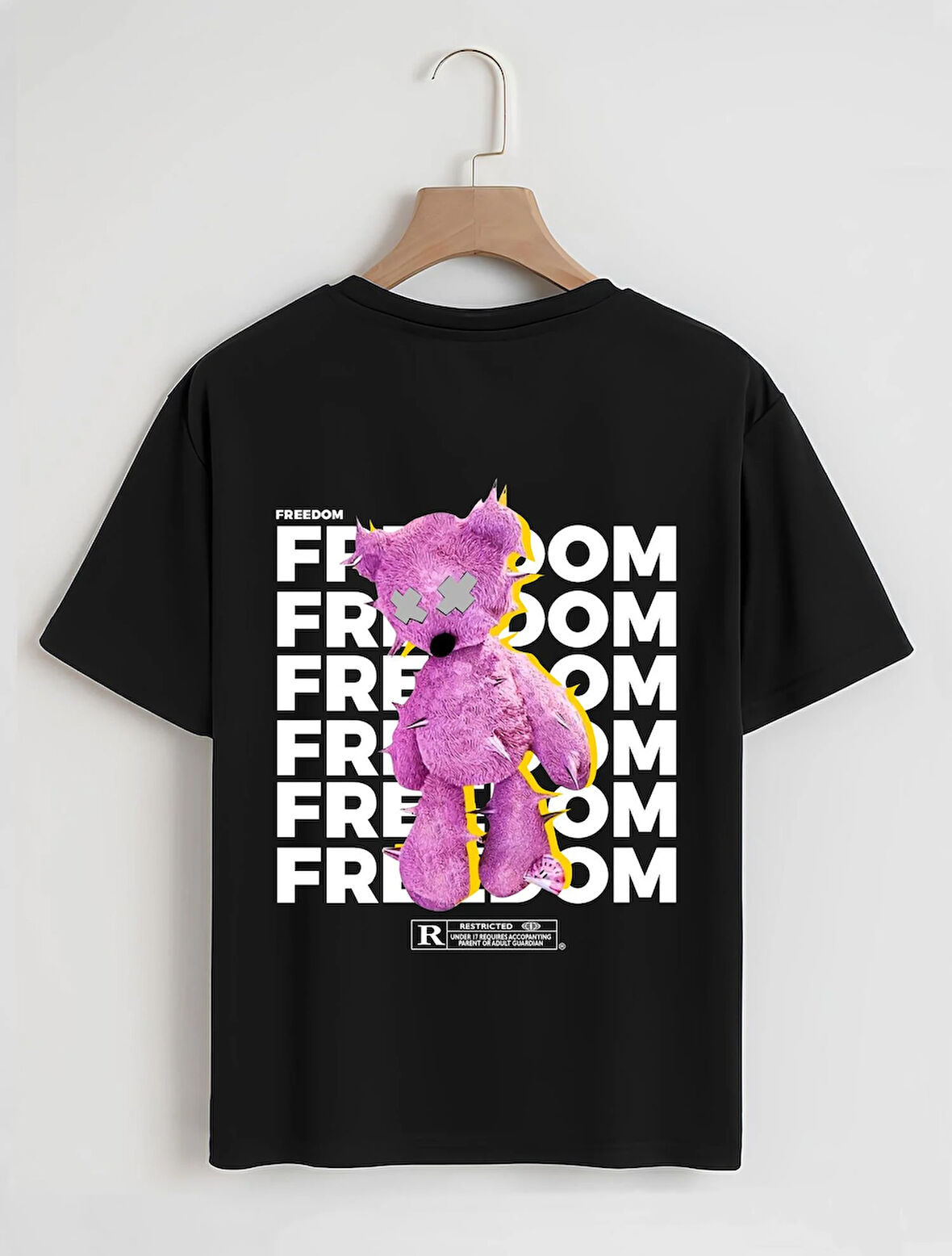 Unisex Oversize Bisiklet Yaka Freedom Baskılı Basic T-Shirt - SİYAH