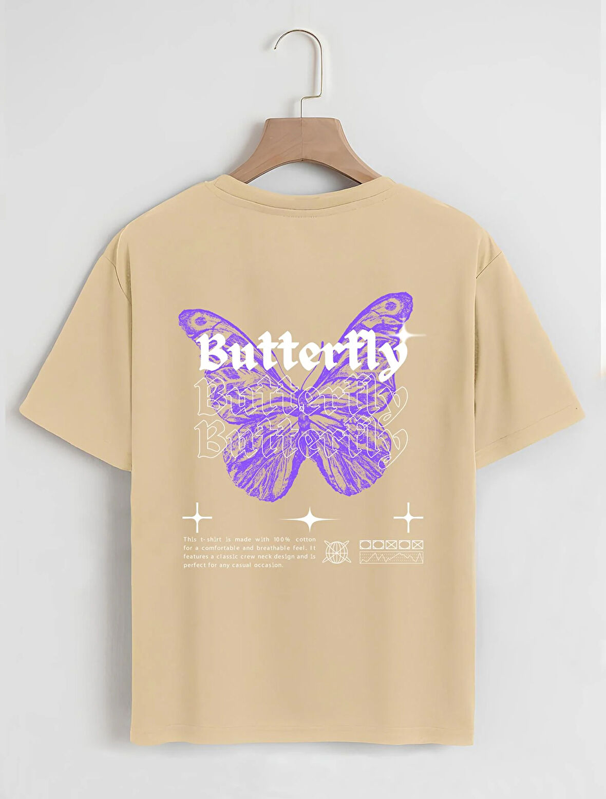 Unisex Oversize Bisiklet Yaka Butterfly Baskılı Basic T-Shirt - BEJ