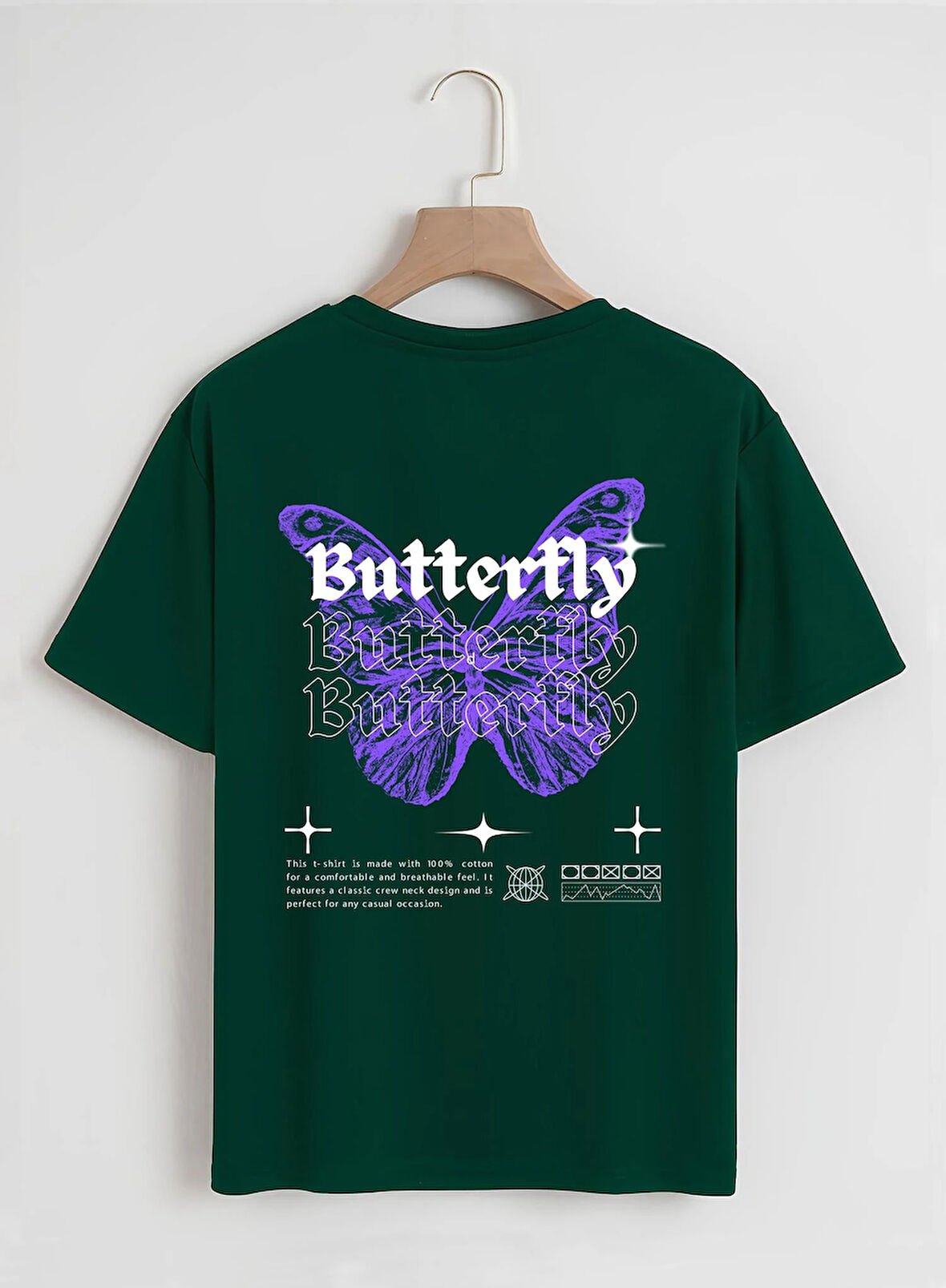 Unisex Oversize Bisiklet Yaka Butterfly Baskılı Basic T-Shirt - KOYU YEŞİL
