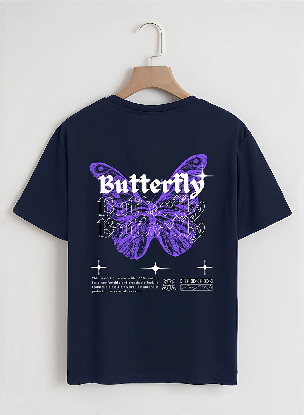 Unisex Oversize Bisiklet Yaka Butterfly Baskılı Basic T-Shirt - LACİVERT