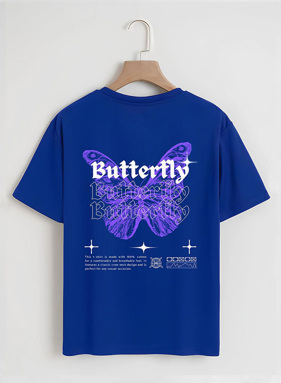 Unisex Oversize Bisiklet Yaka Butterfly Baskılı Basic T-Shirt - SAKS MAVİSİ