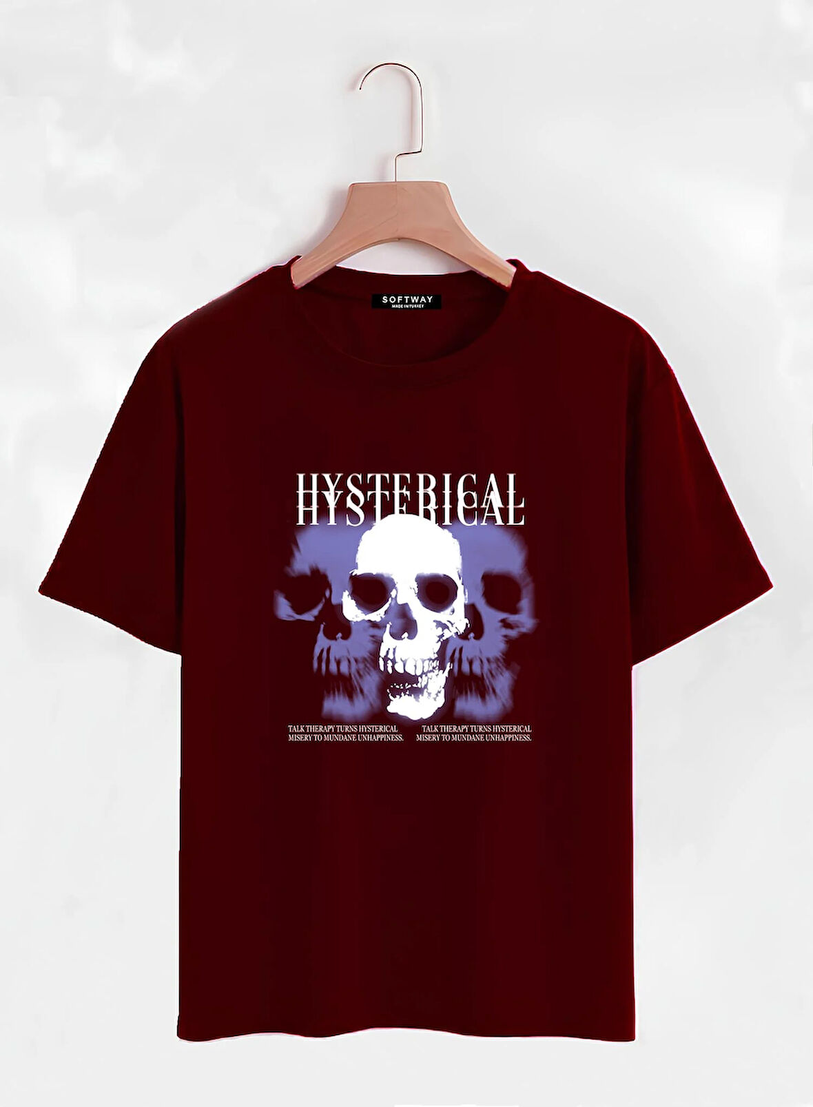 Unisex Oversize Bisiklet Yaka Hysterigal Baskılı Basic T-Shirt - BORDO