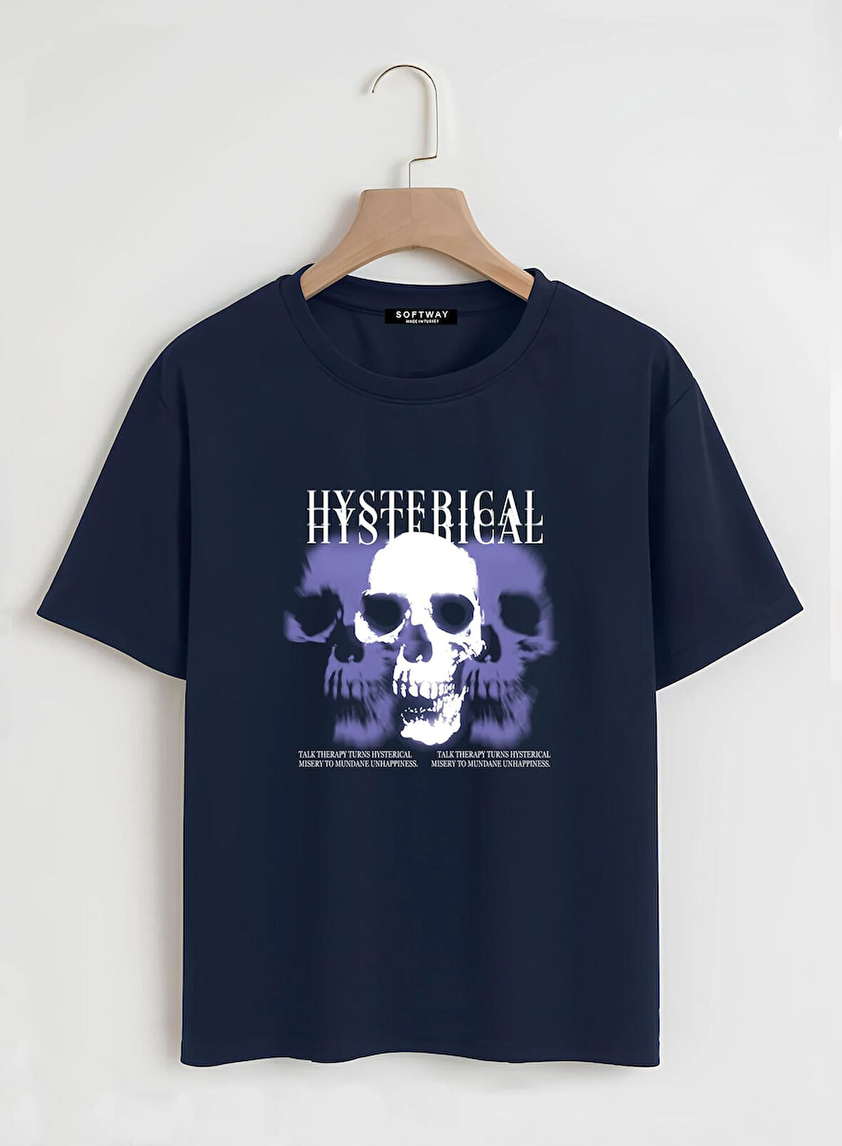 Unisex Oversize Bisiklet Yaka Hysterigal Baskılı Basic T-Shirt - LACİVERT