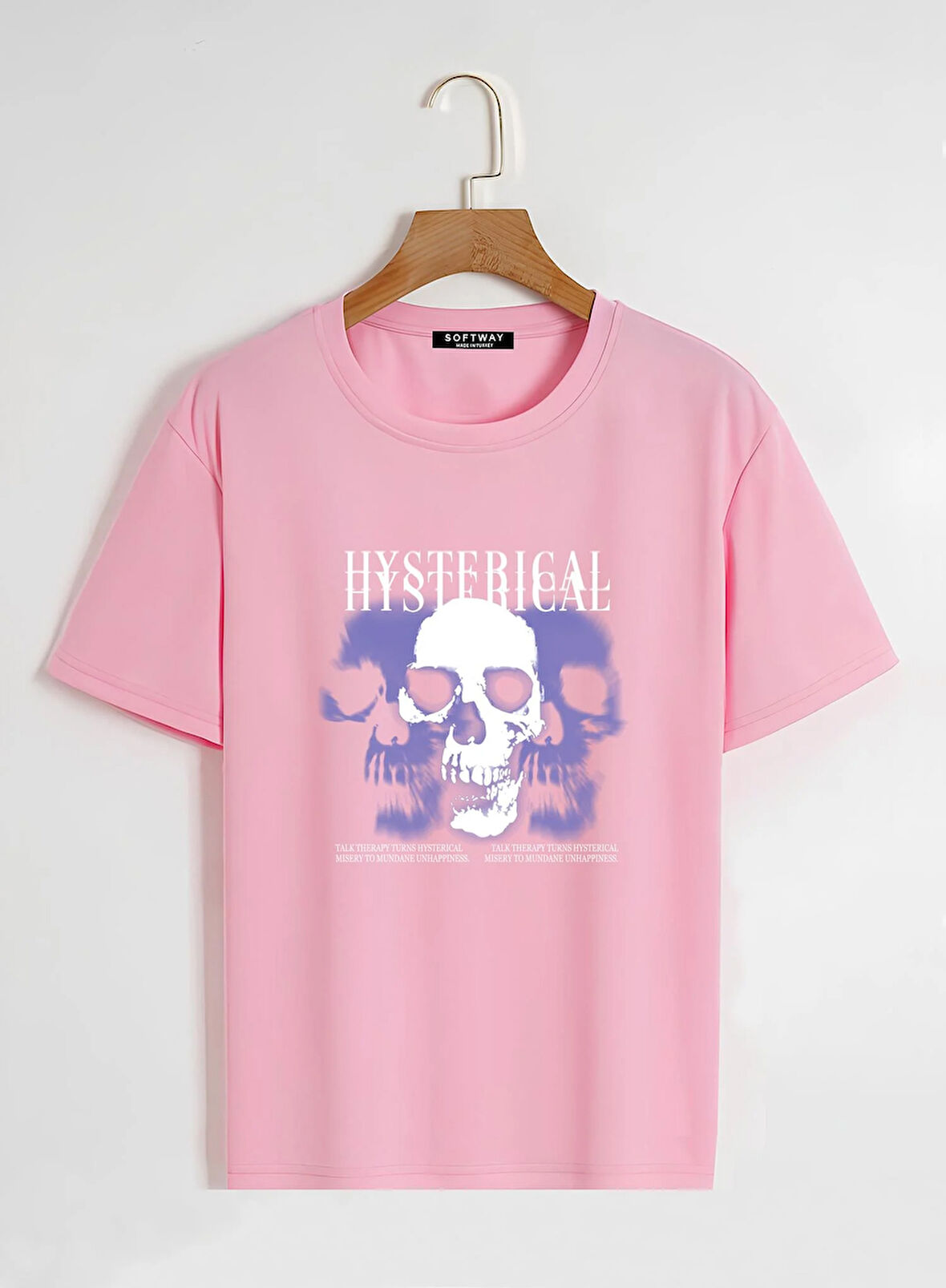 Unisex Oversize Bisiklet Yaka Hysterigal Baskılı Basic T-Shirt - PEMBE