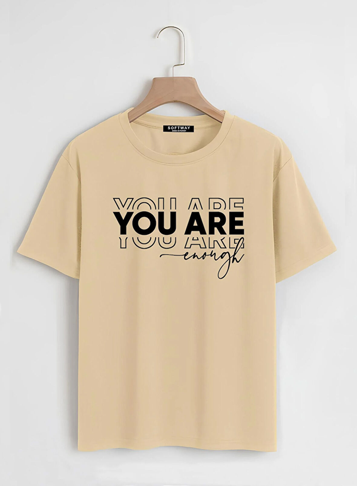 Unisex Oversize Bisiklet Yaka You Are Baskılı Basic T-Shirt - BEJ