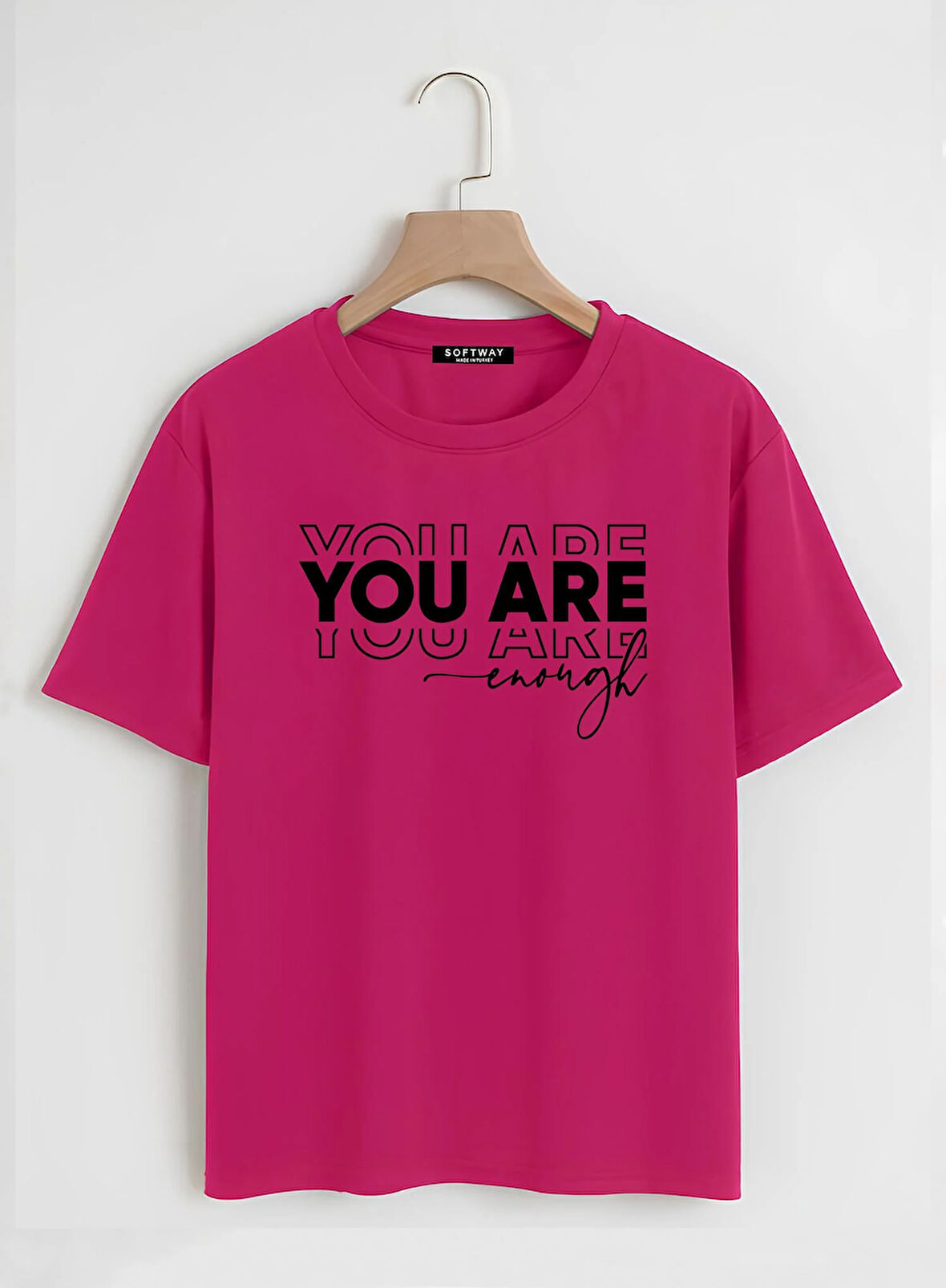 Unisex Oversize Bisiklet Yaka You Are Baskılı Basic T-Shirt - FUŞYA