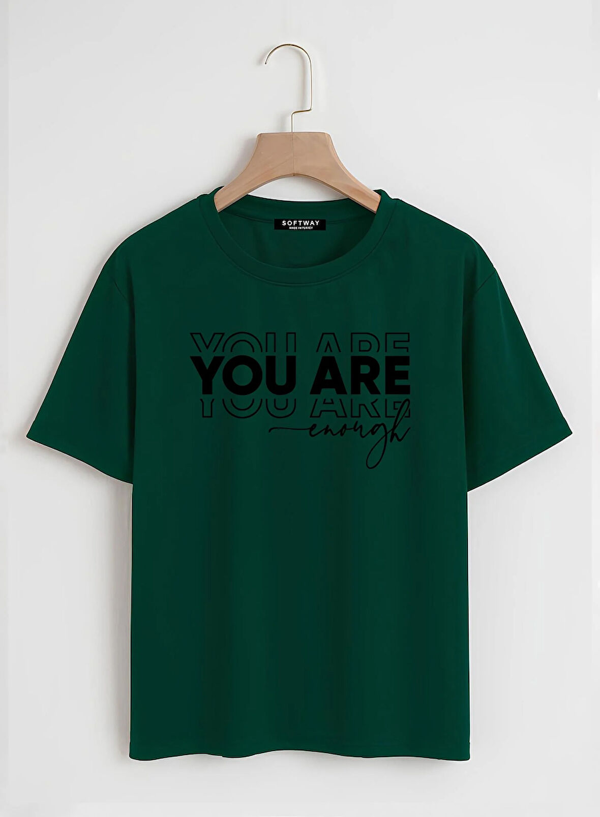 Unisex Oversize Bisiklet Yaka You Are Baskılı Basic T-Shirt - KOYU YEŞİL
