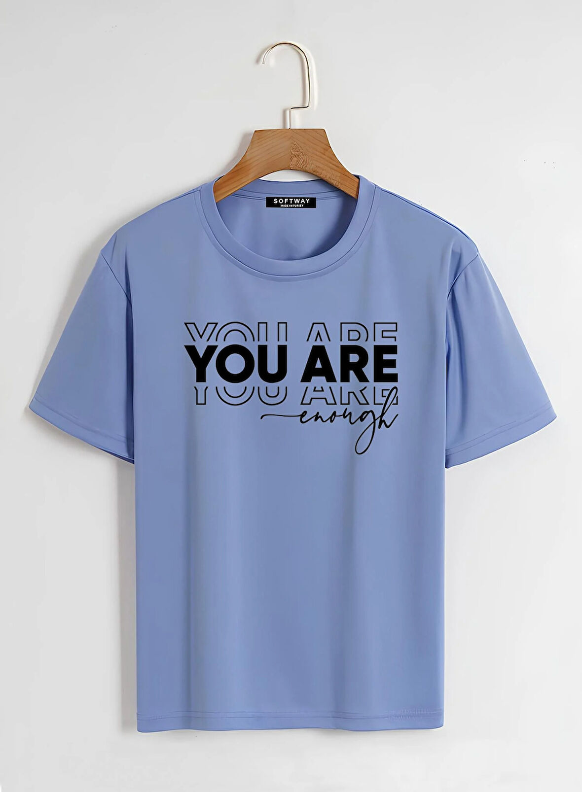 Unisex Oversize Bisiklet Yaka You Are Baskılı Basic T-Shirt - MAVİ