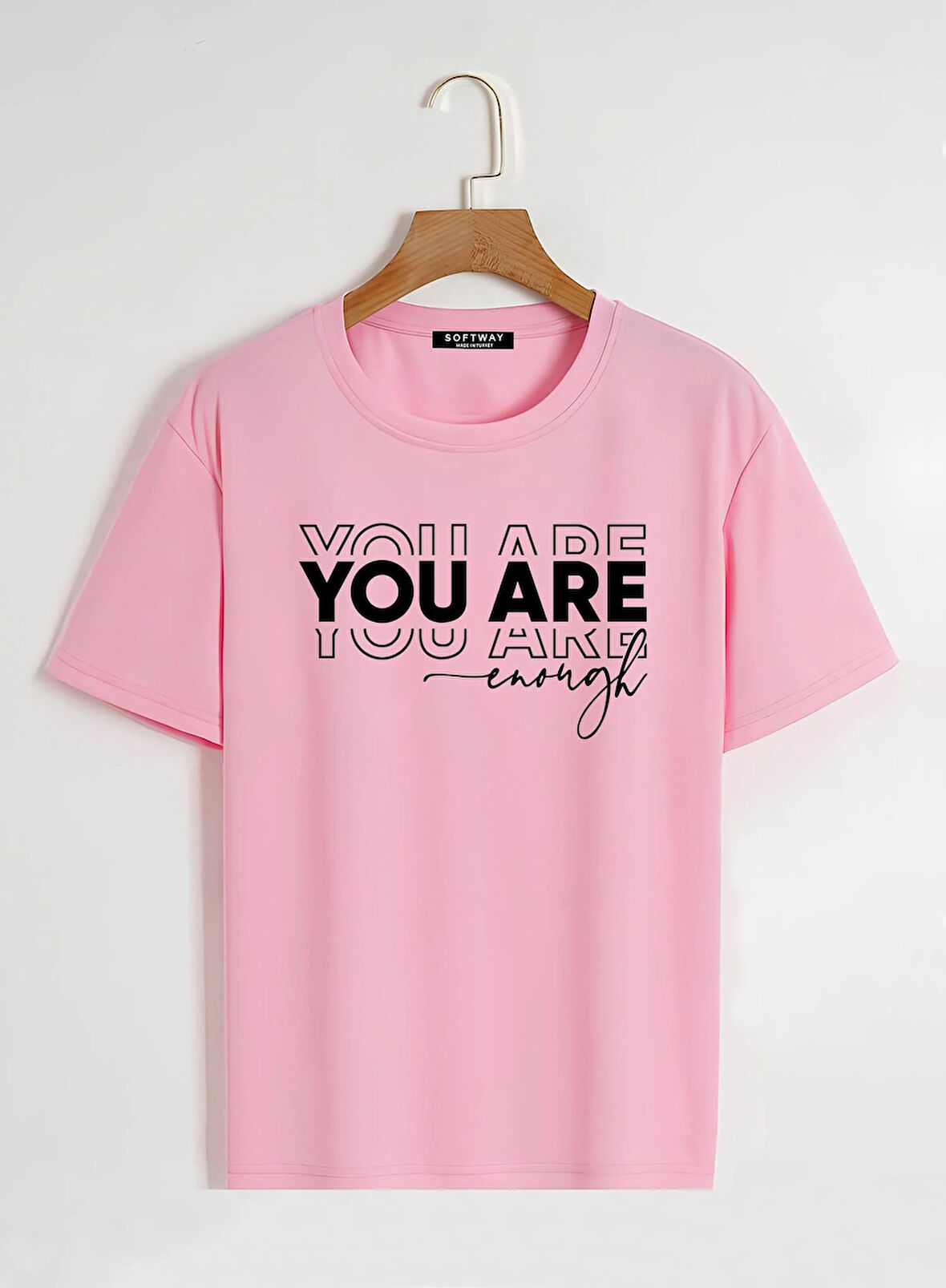 Unisex Oversize Bisiklet Yaka You Are Baskılı Basic T-Shirt - PEMBE