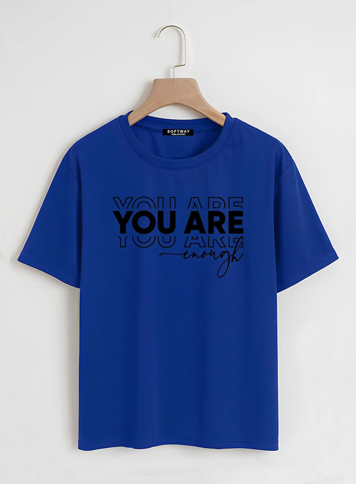 Unisex Oversize Bisiklet Yaka You Are Baskılı Basic T-Shirt - SAKS MAVİSİ
