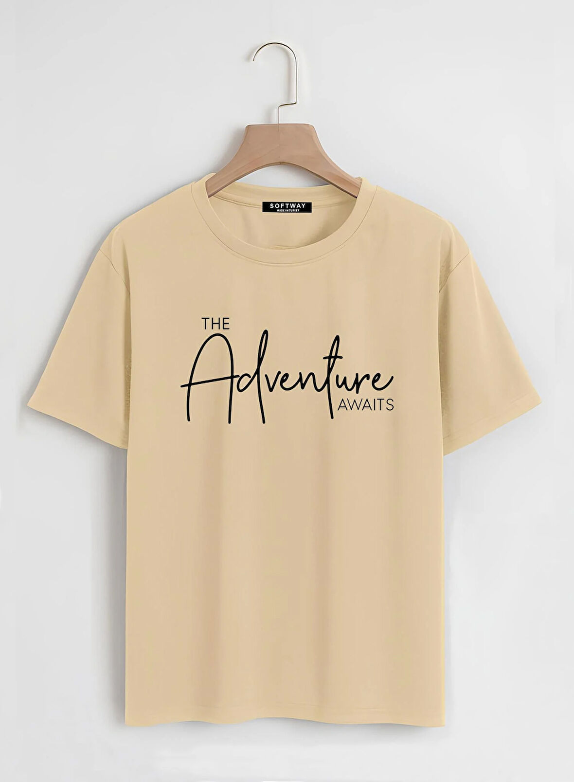 Unisex Oversize Bisiklet Yaka Adventure Baskılı Basic T-Shirt - BEJ