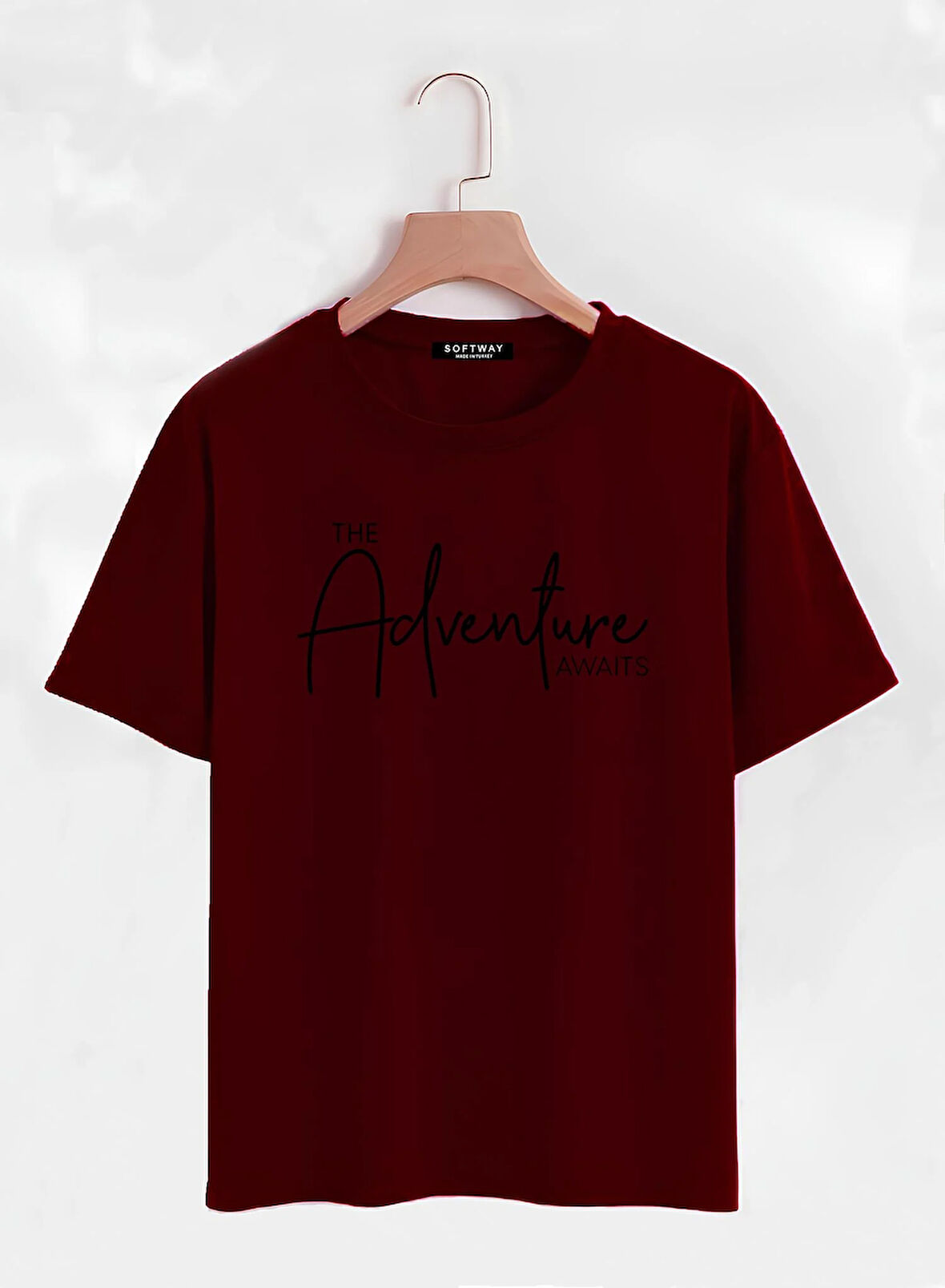 Unisex Oversize Bisiklet Yaka Adventure Baskılı Basic T-Shirt - BORDO