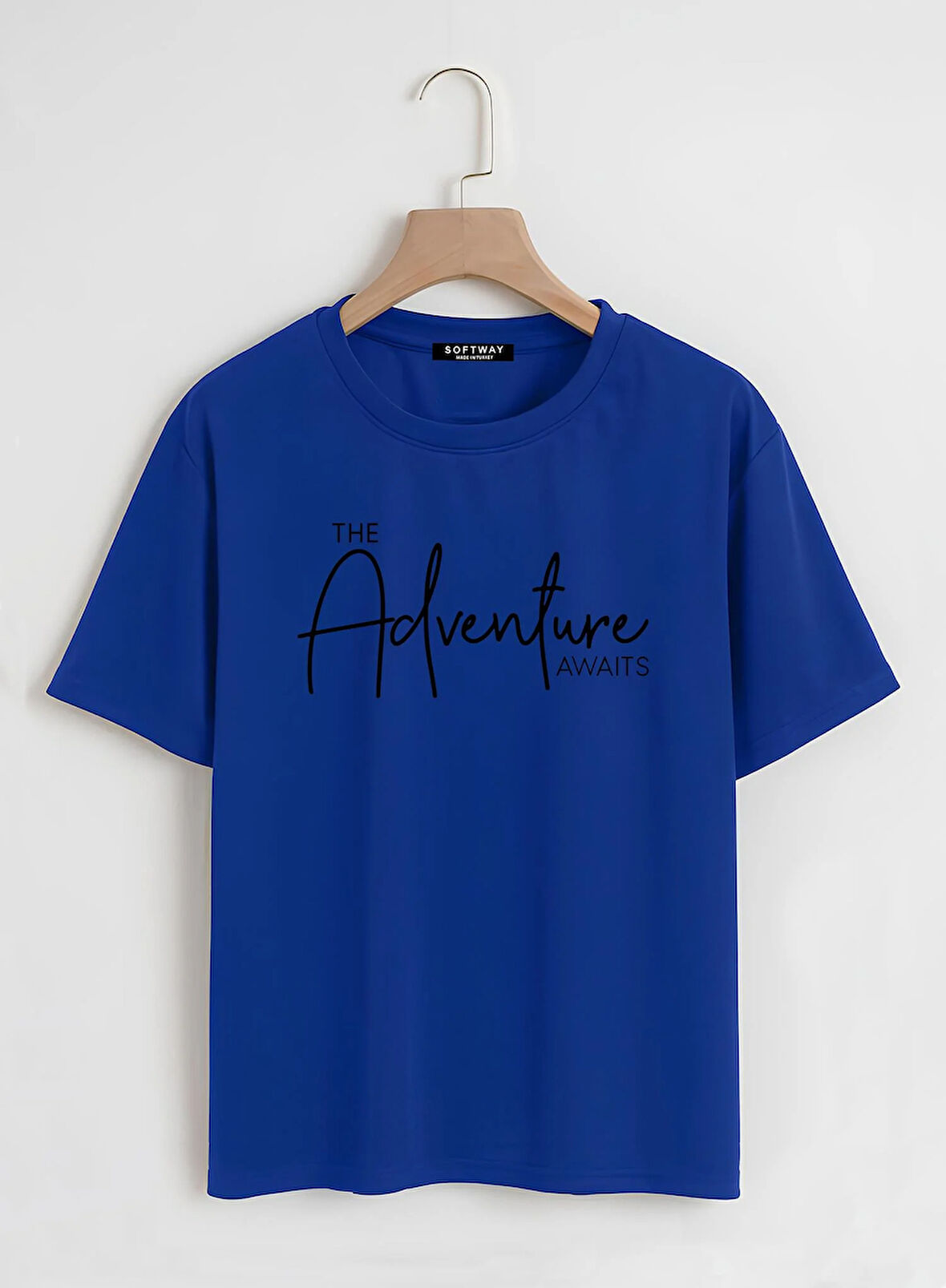 Unisex Oversize Bisiklet Yaka Adventure Baskılı Basic T-Shirt - SAKS MAVİSİ