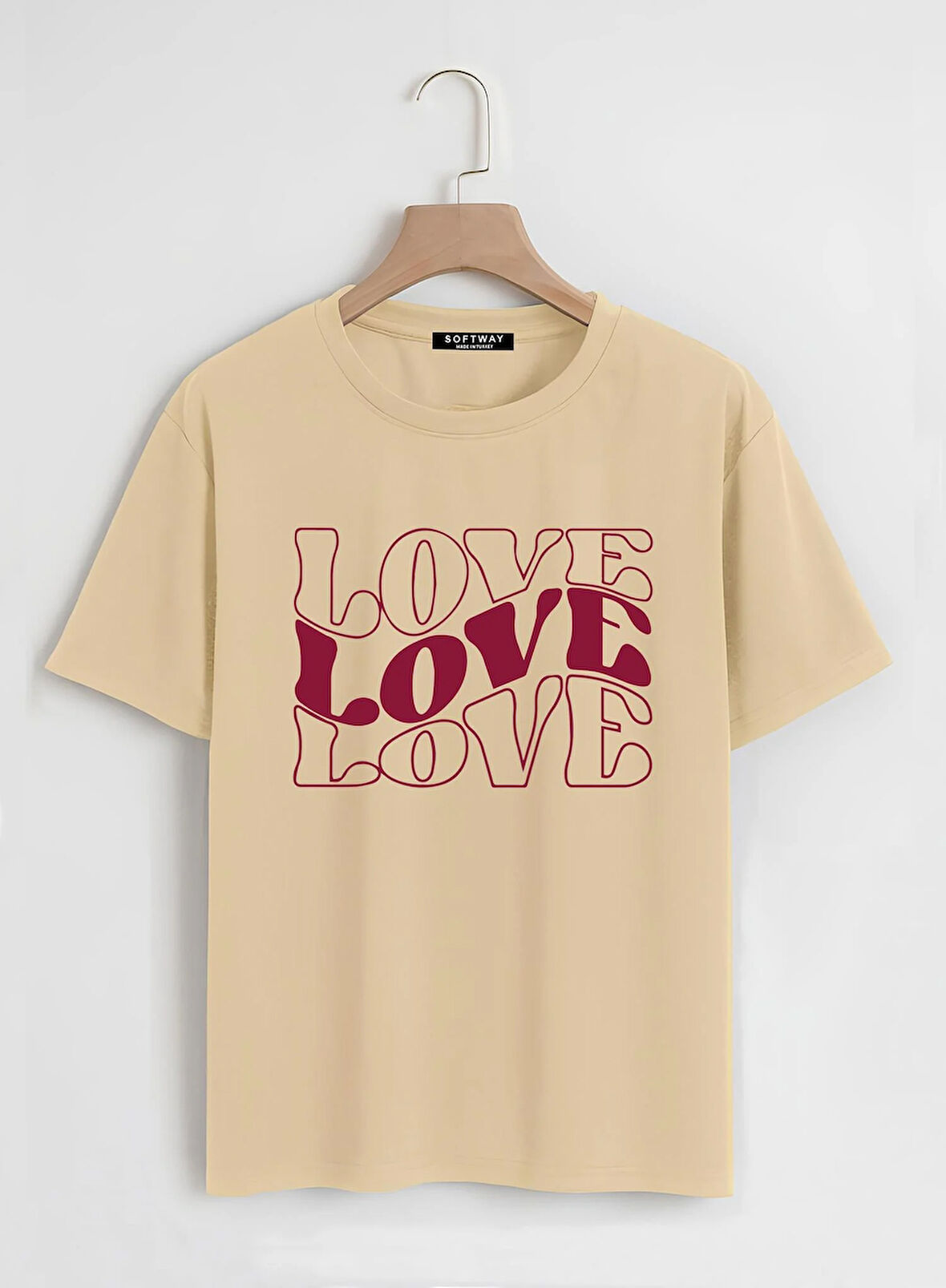 Unisex Oversize Bisiklet Yaka Theree Love Baskılı Basic T-Shirt - BEJ
