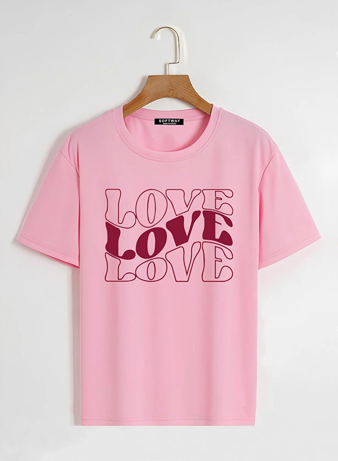 Unisex Oversize Bisiklet Yaka Theree Love Baskılı Basic T-Shirt - PEMBE