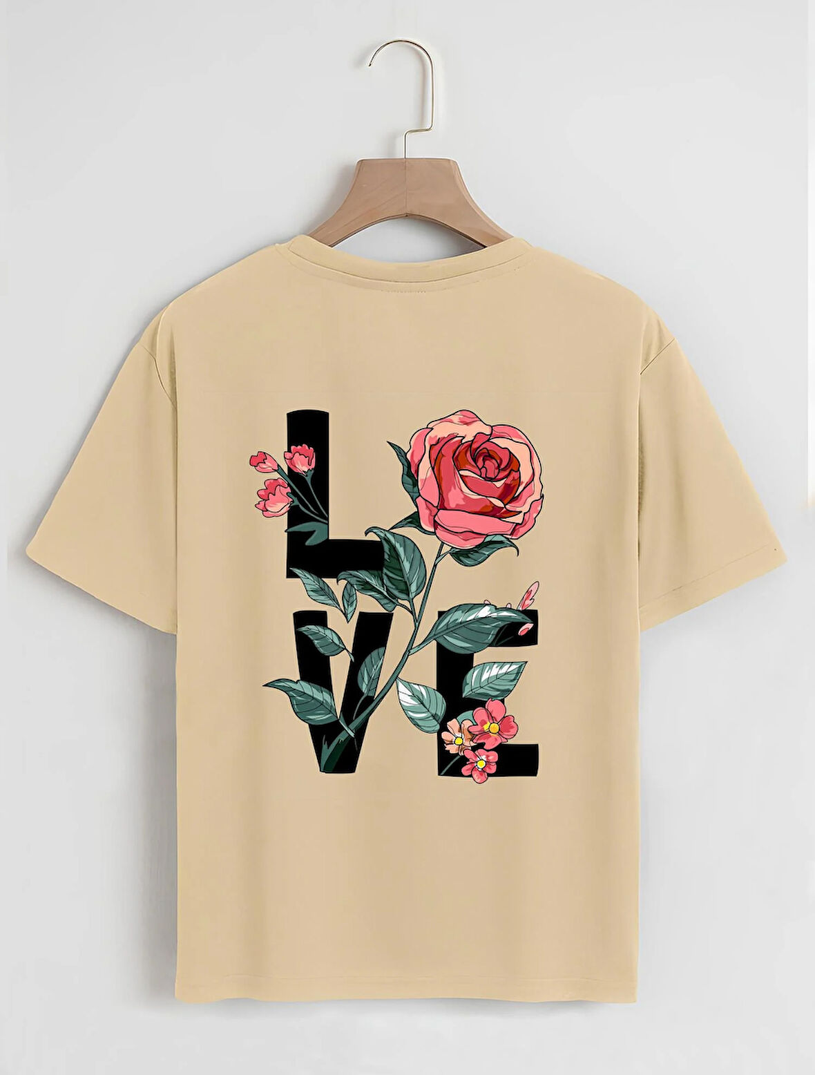 Unisex Oversize Bisiklet Yaka Rose Love Baskılı Basic T-Shirt - BEJ