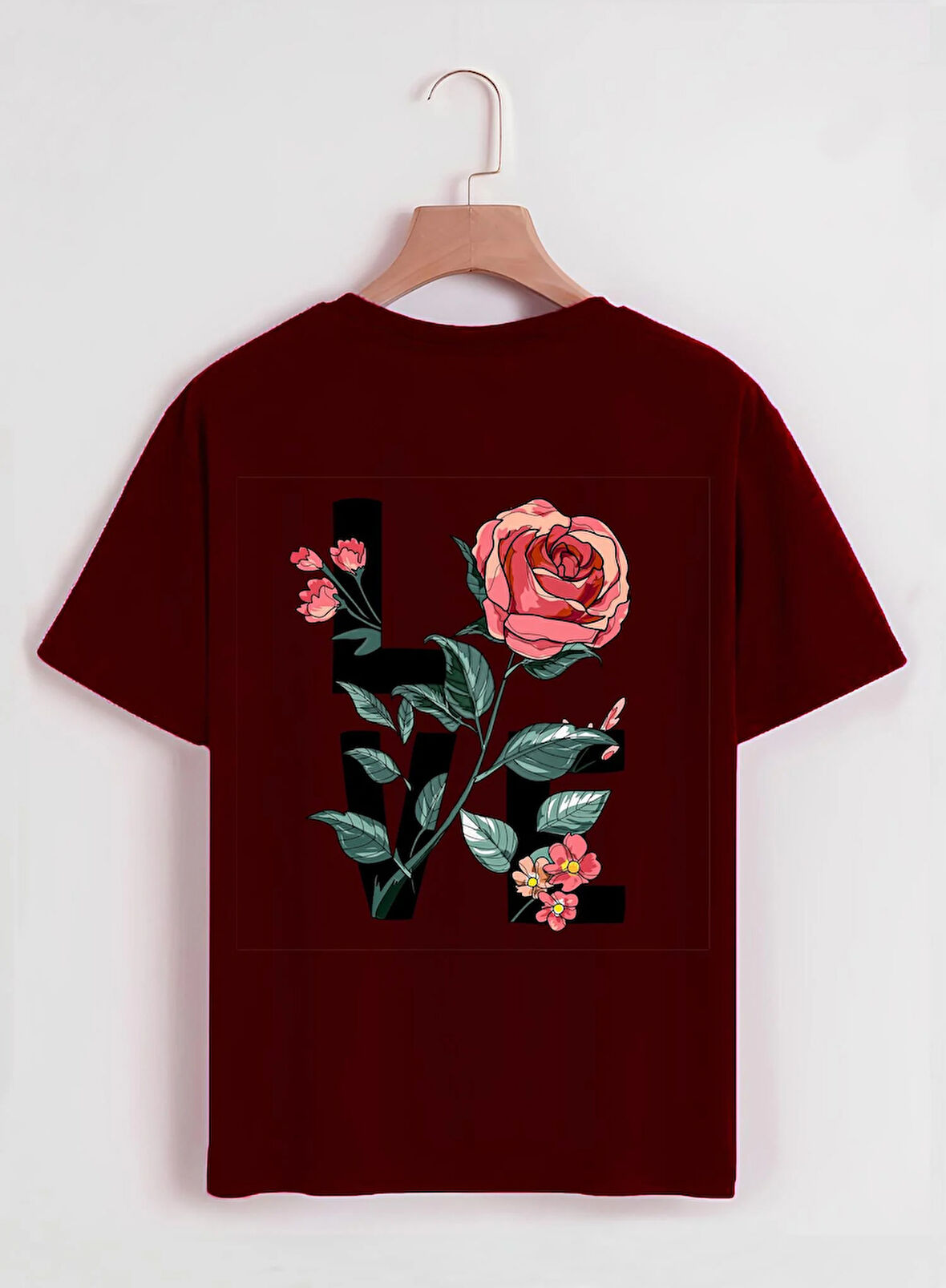 Unisex Oversize Bisiklet Yaka Rose Love Baskılı Basic T-Shirt - BORDO
