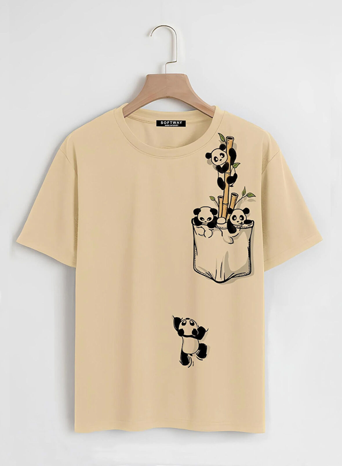Unisex Oversize Bisiklet Yaka Climbing Panda Baskılı Basic T-Shirt - BEJ