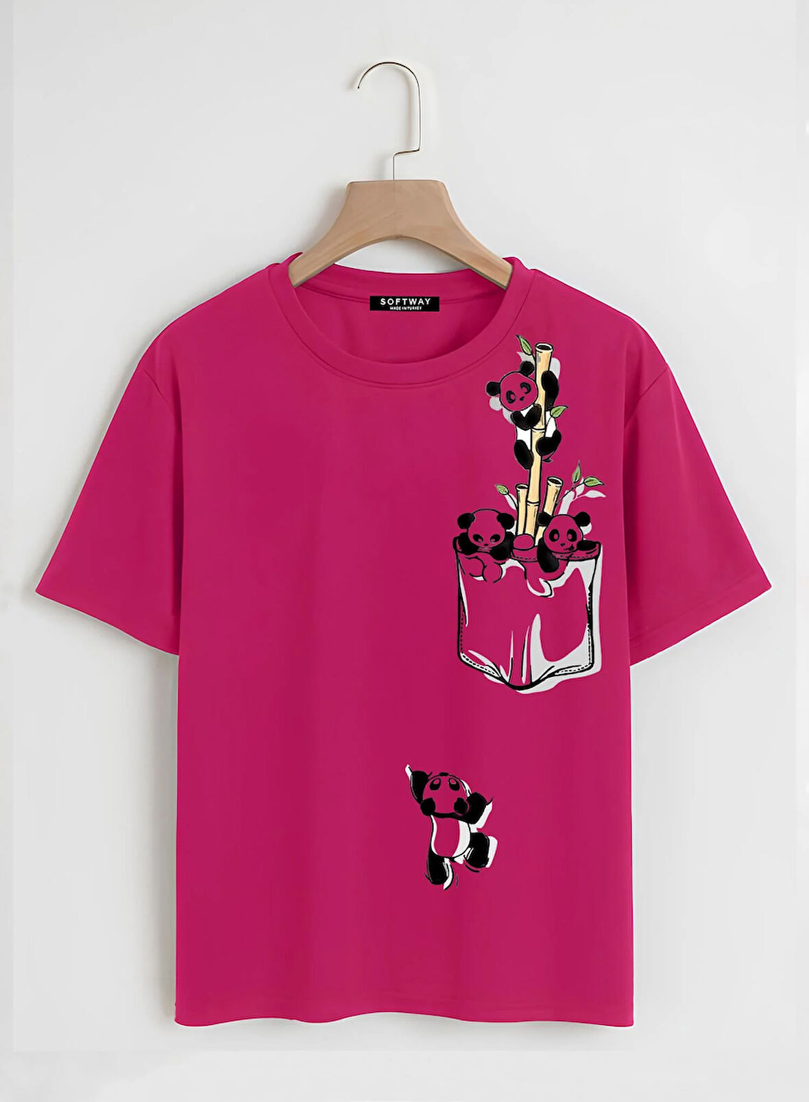 Unisex Oversize Bisiklet Yaka Climbing Panda Baskılı Basic T-Shirt - FUŞYA