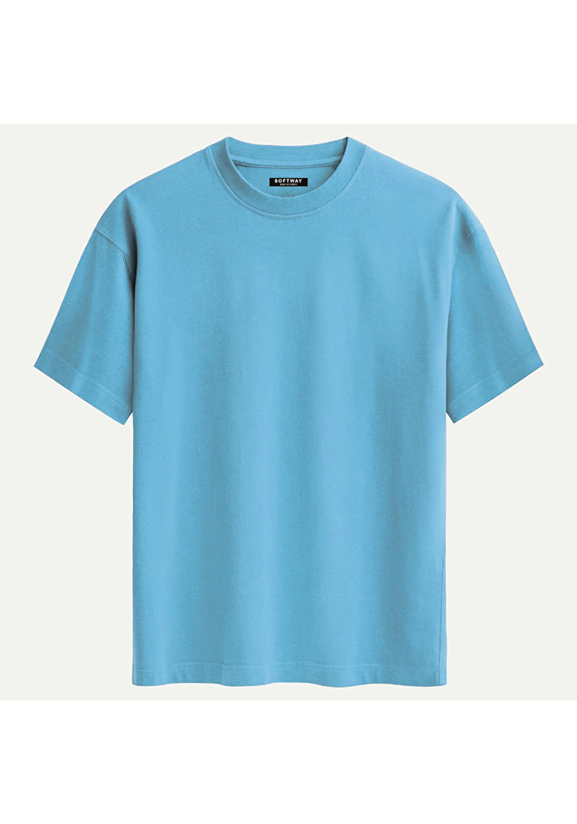 Unisex Bisiklet Yaka %100 Organik Pamuklu Kalın Dokulu Düz Oversize T-shirt - MAVİ