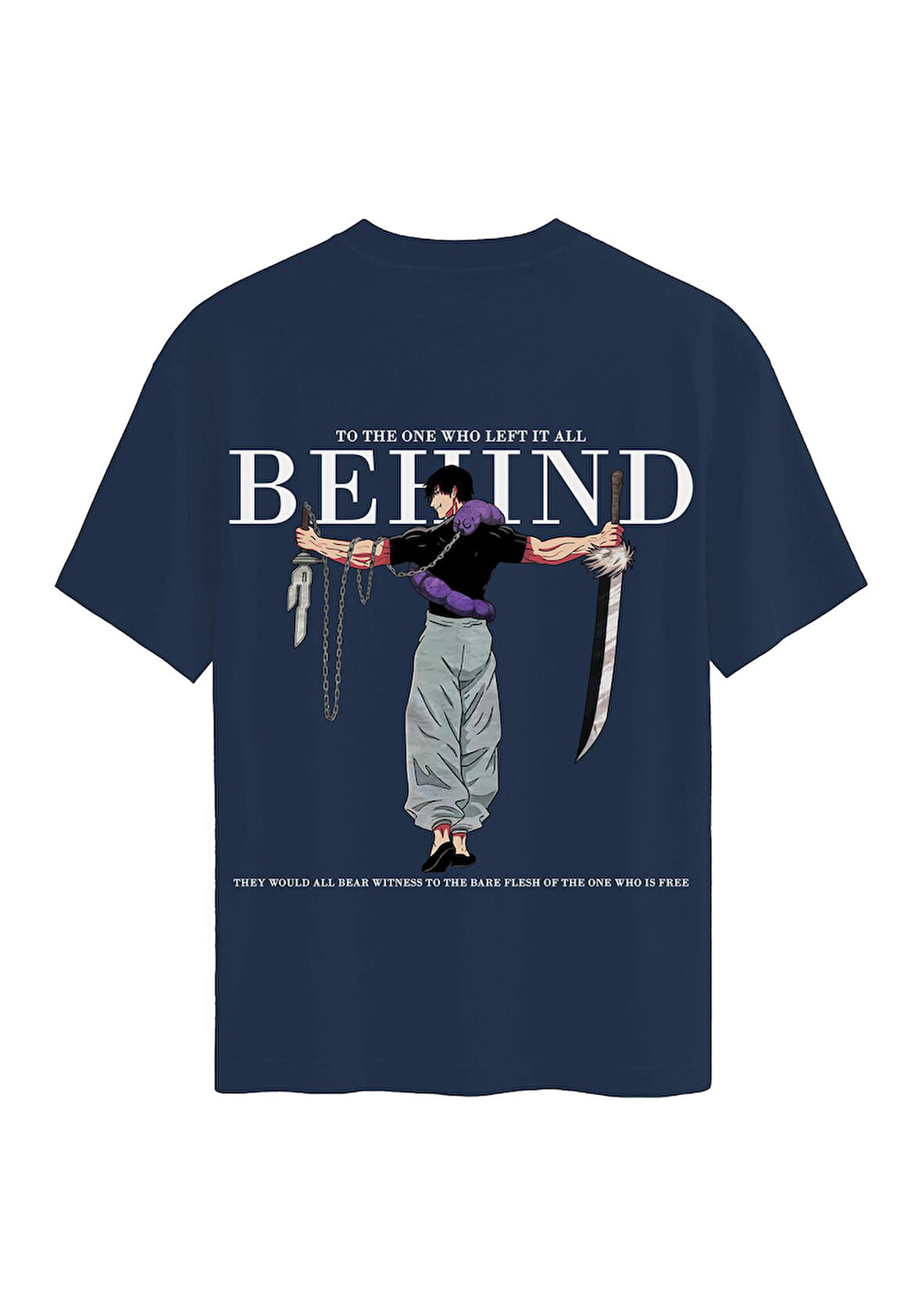 Unisex Bisiklet Yaka %100 Organik Pamuklu Kalın Dokulu Behind Baskılı Oversize T-shirt - LACİVERT