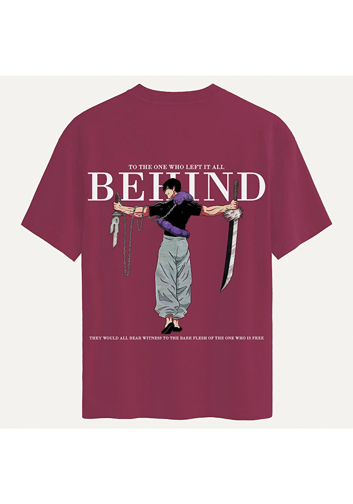 Unisex Bisiklet Yaka %100 Organik Pamuklu Kalın Dokulu Behind Baskılı Oversize T-shirt - BORDO