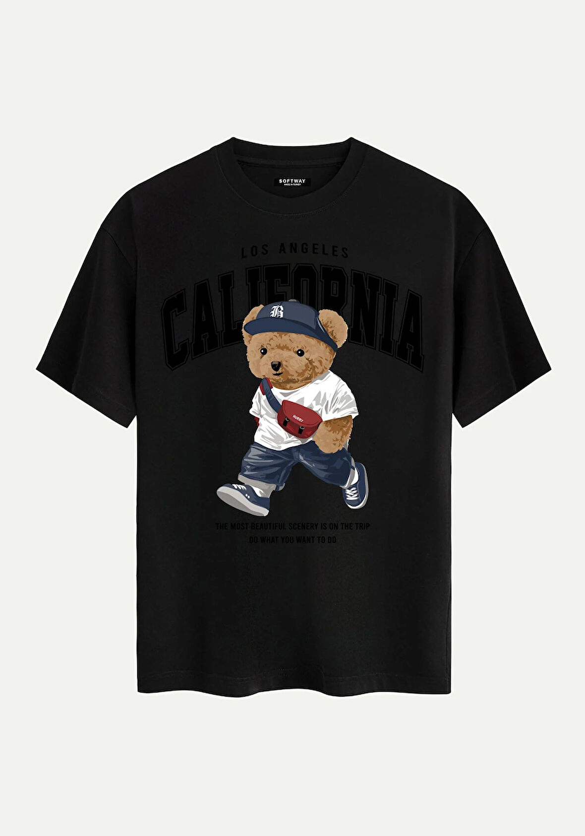 Unisex Bisiklet Yaka %100 Organik Pamuklu Kalın Dokulu California Baskılı Oversize T-shirt - SİYAH