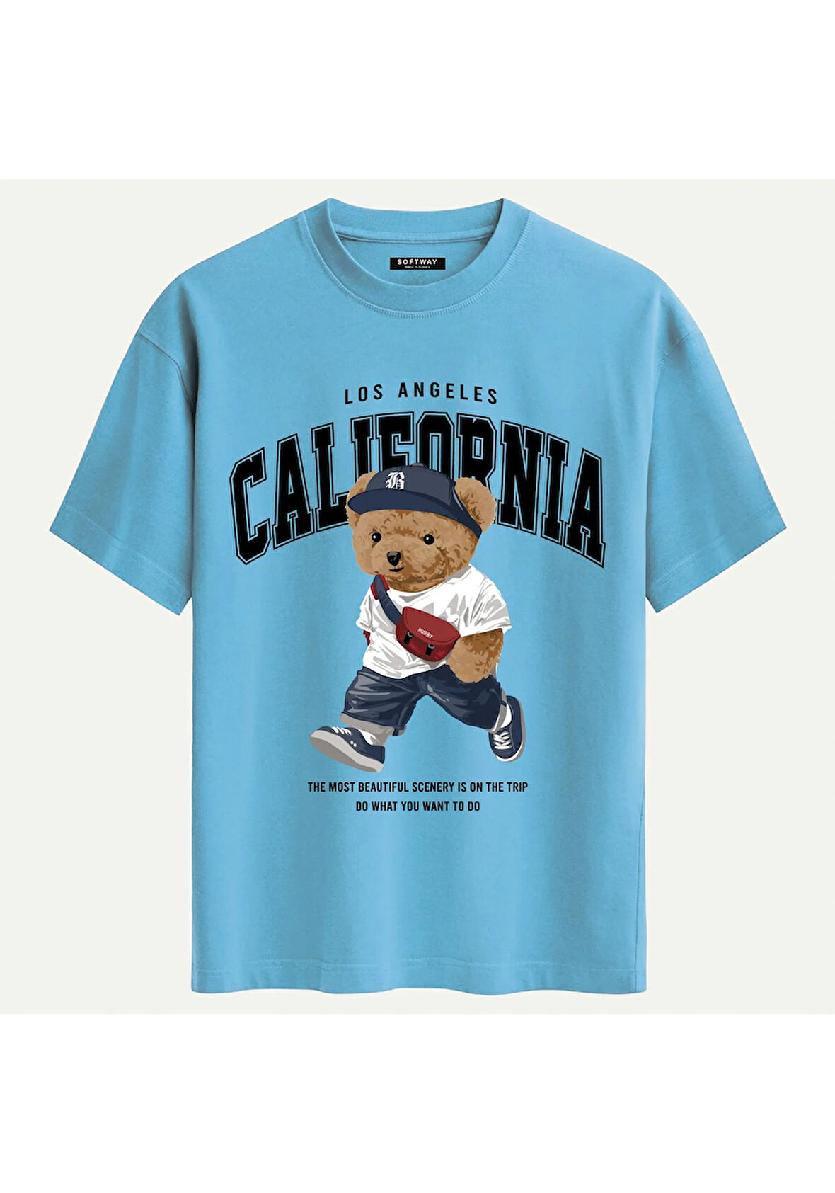 Unisex Bisiklet Yaka %100 Organik Pamuklu Kalın Dokulu California Baskılı Oversize T-shirt - MAVİ