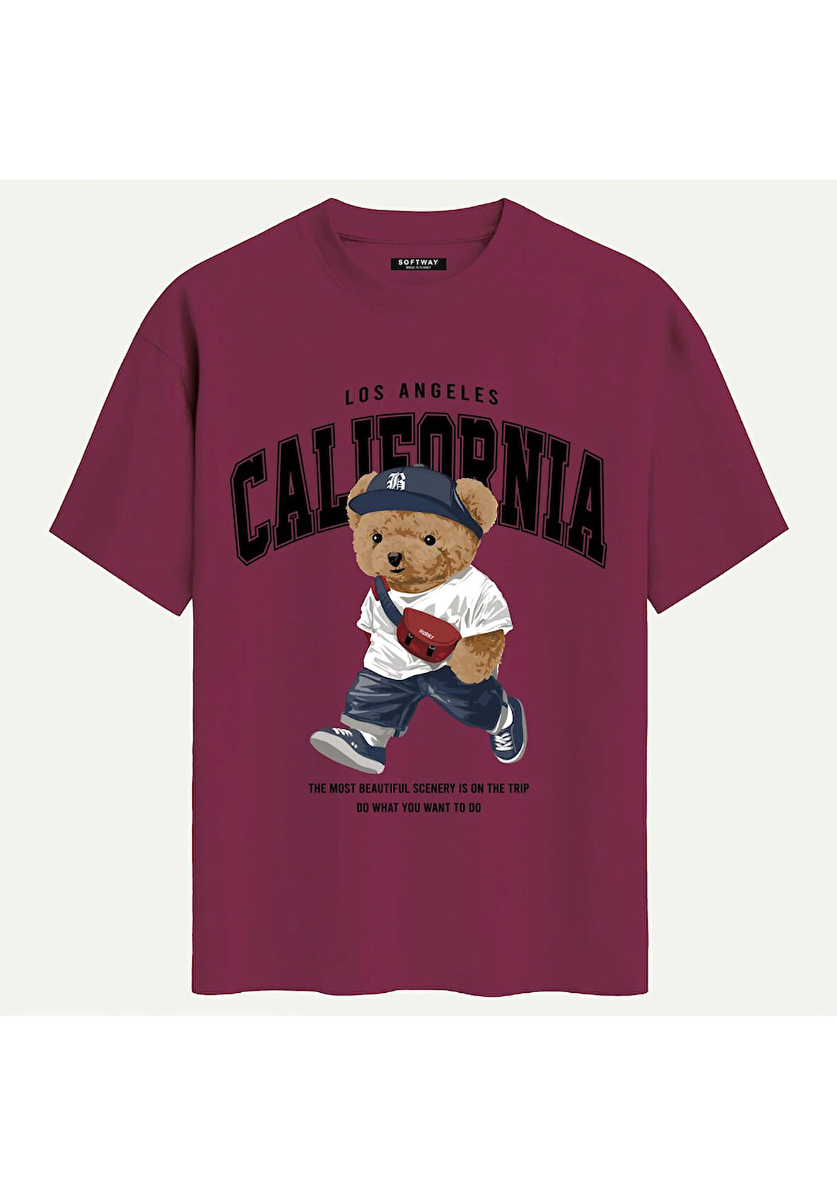 Unisex Bisiklet Yaka %100 Organik Pamuklu Kalın Dokulu California Baskılı Oversize T-shirt - BORDO