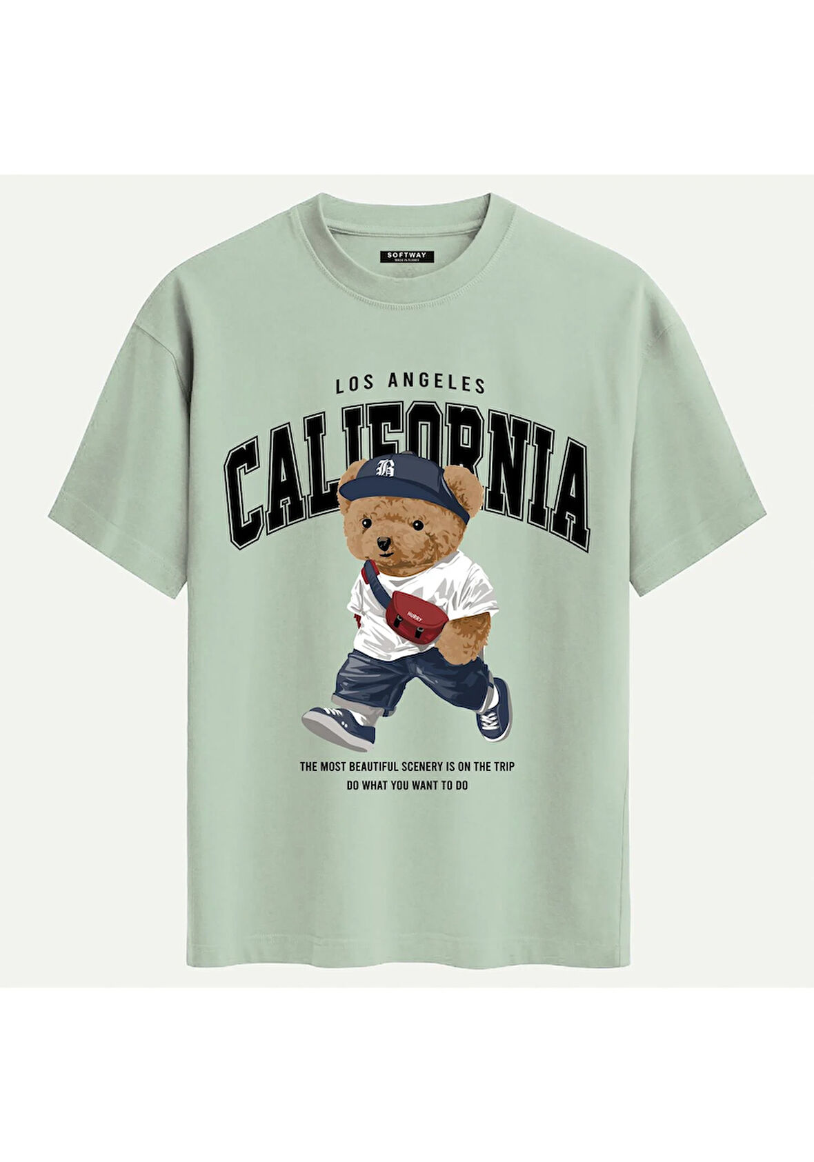 Unisex Bisiklet Yaka %100 Organik Pamuklu Kalın Dokulu California Baskılı Oversize T-shirt - BEJ