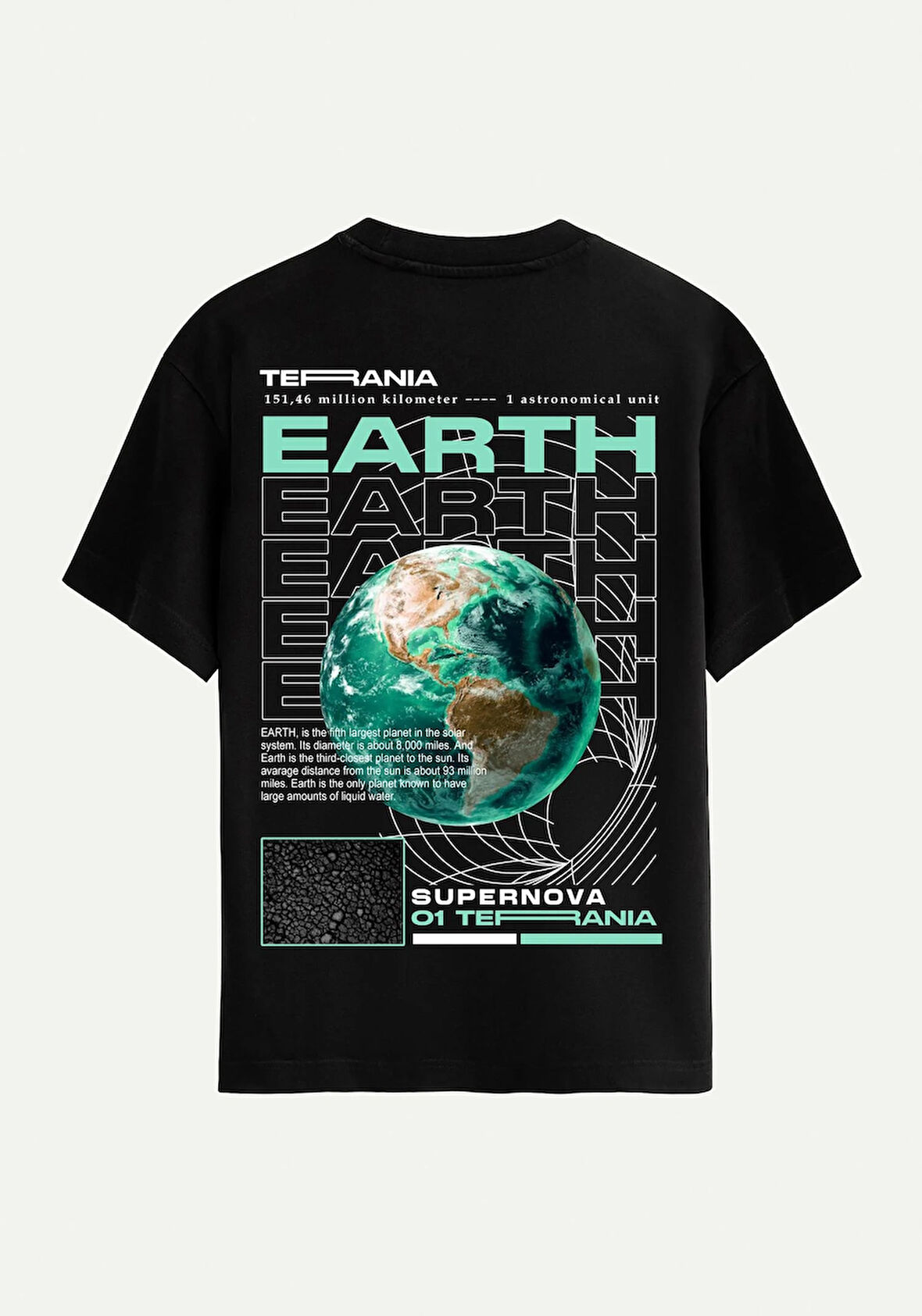 Unisex Bisiklet Yaka %100 Organik Pamuklu Kalın Dokulu Earth Baskılı Oversize T-shirt - SİYAH