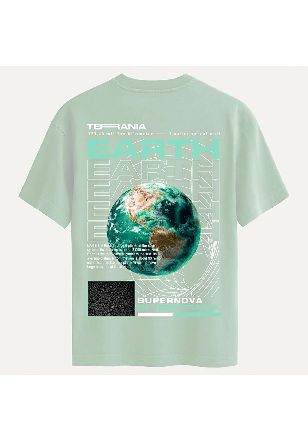 Unisex Bisiklet Yaka %100 Organik Pamuklu Kalın Dokulu Earth Baskılı Oversize T-shirt - BEJ