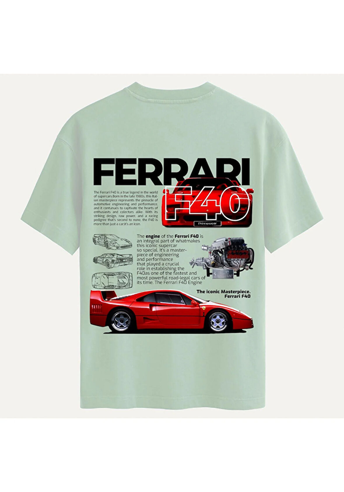 Unisex Bisiklet Yaka %100 Organik Pamuklu Kalın Dokulu Ferrari F40 Baskılı Oversize T-shirt - BEJ