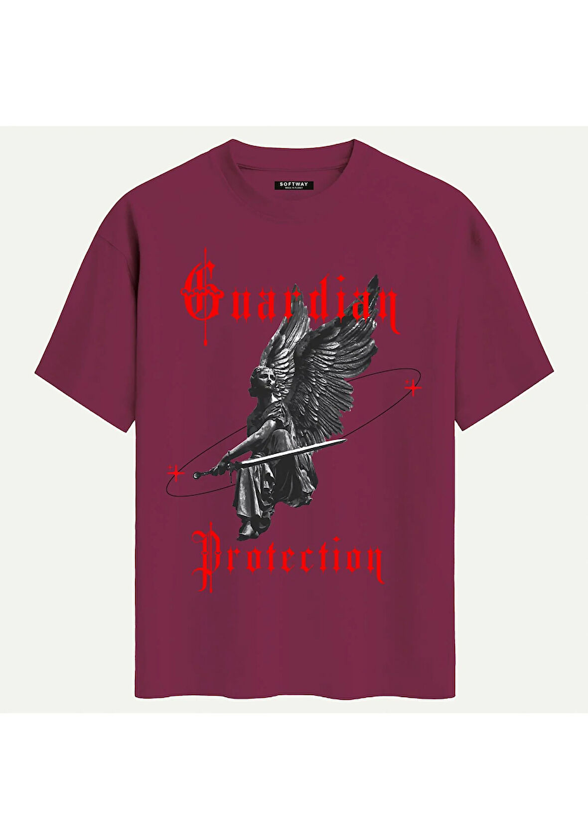 Unisex Bisiklet Yaka %100 Organik Pamuklu Kalın Dokulu Guardian Protection Baskılı Oversize T-shirt - BORDO