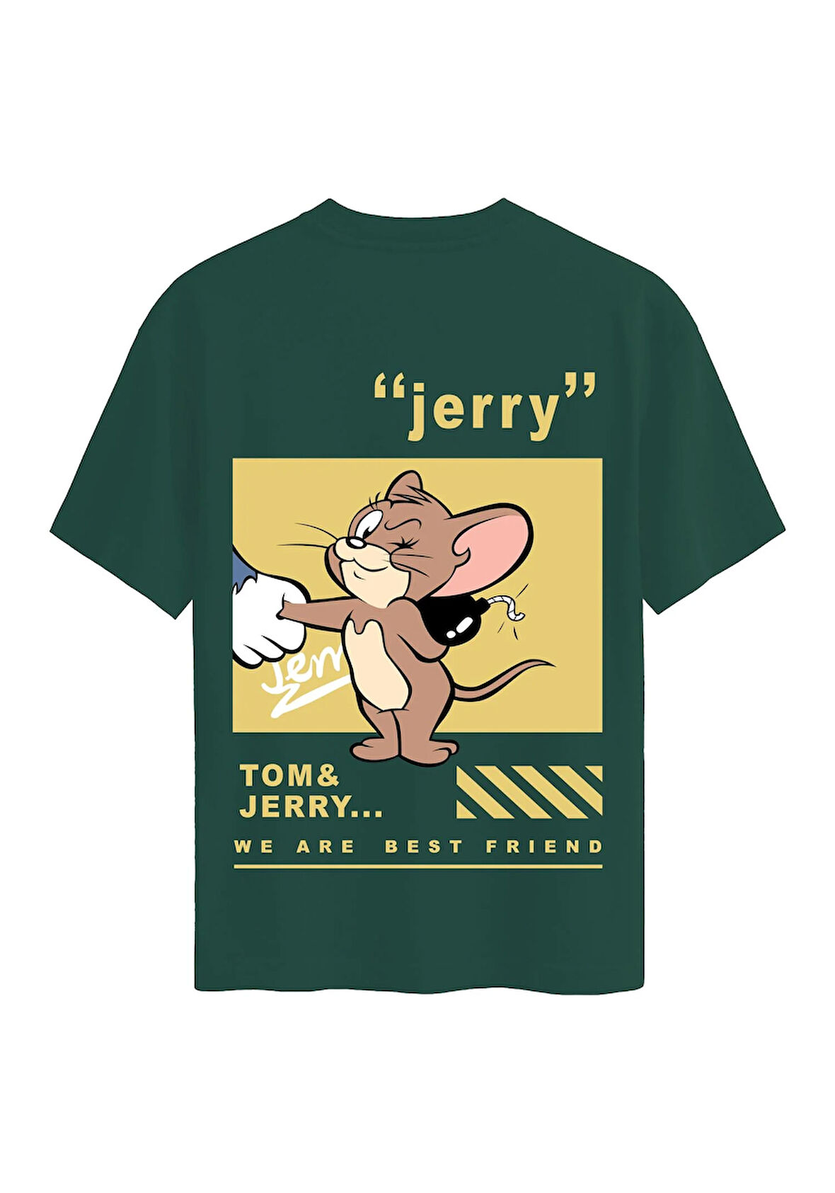 Unisex Bisiklet Yaka %100 Organik Pamuklu Kalın Dokulu Jerry Baskılı Oversize T-shirt - KOYU YEŞİL