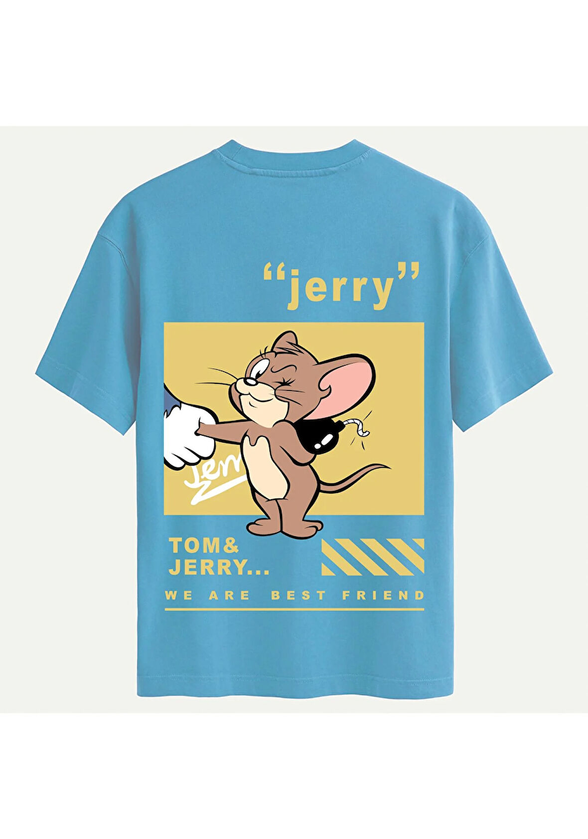 Unisex Bisiklet Yaka %100 Organik Pamuklu Kalın Dokulu Jerry Baskılı Oversize T-shirt - MAVİ