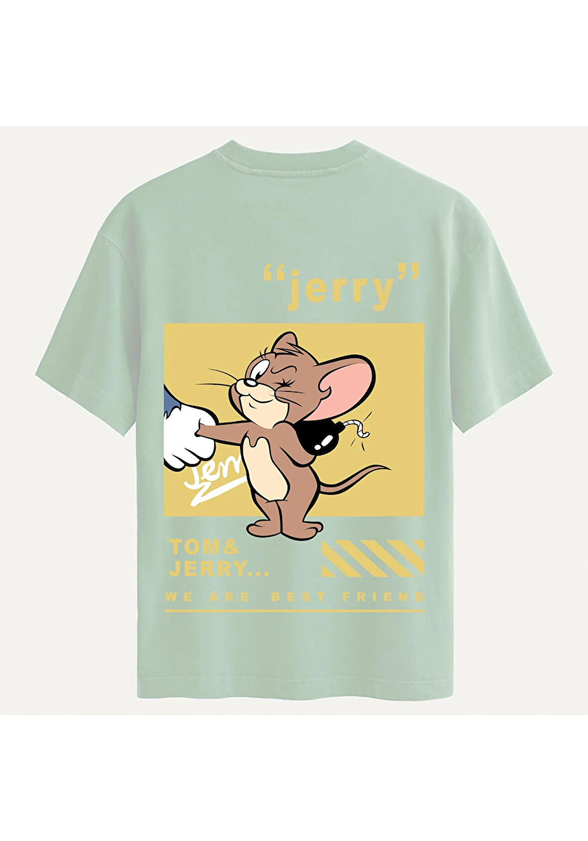 Unisex Bisiklet Yaka %100 Organik Pamuklu Kalın Dokulu Jerry Baskılı Oversize T-shirt - BEJ