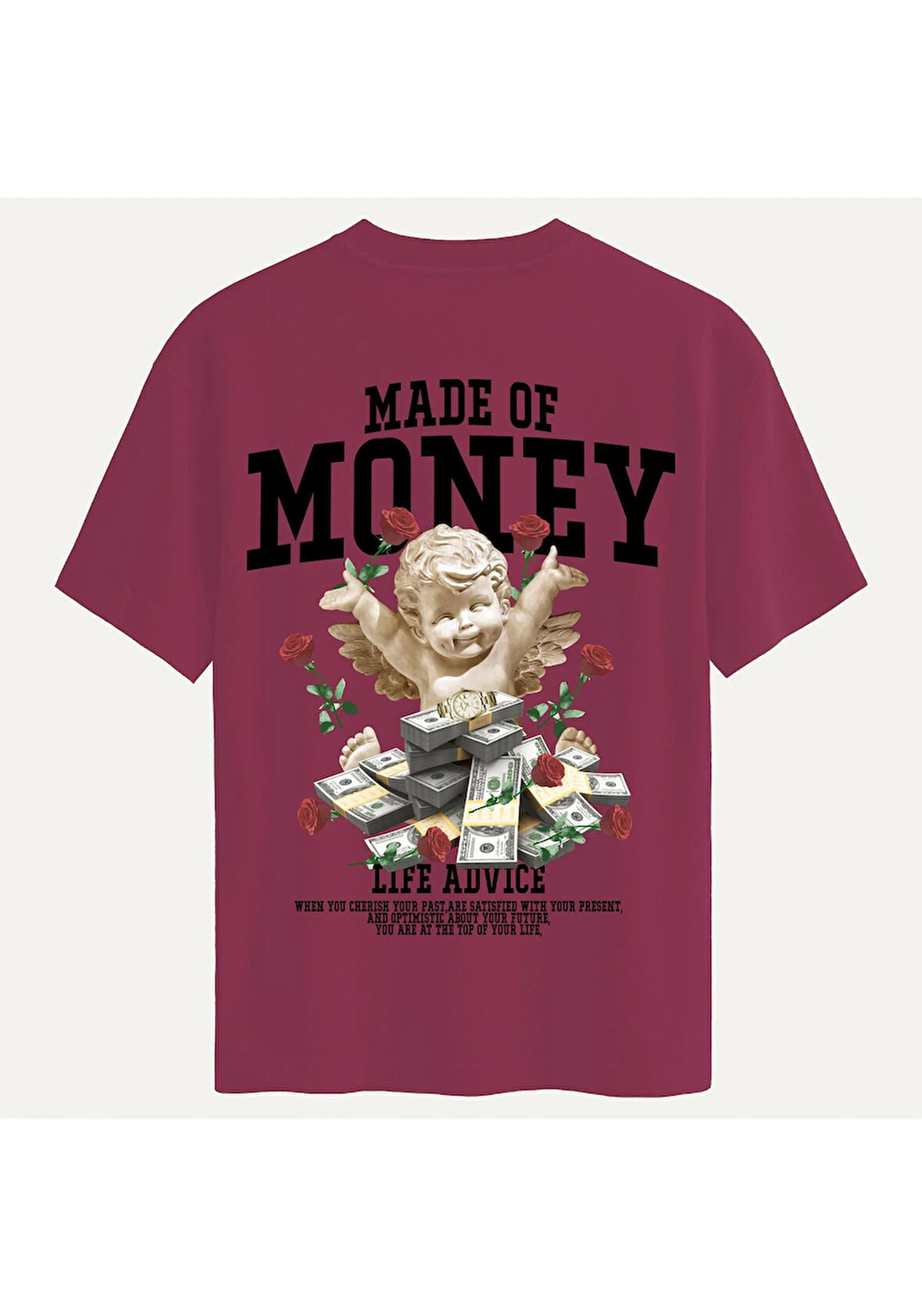 Unisex Bisiklet Yaka %100 Organik Pamuklu Kalın Dokulu Made Of Money Baskılı Oversize T-shirt - BORDO