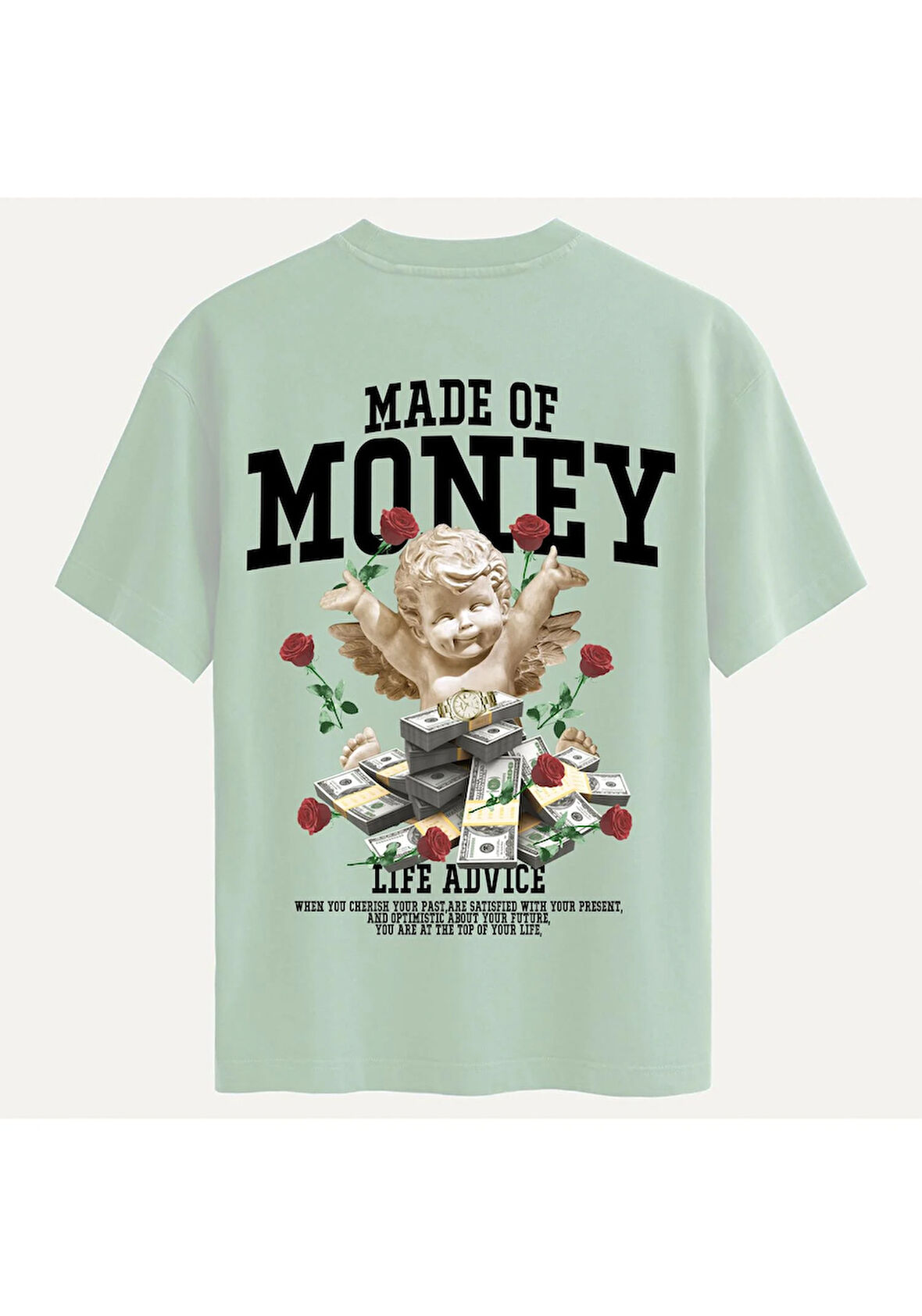 Unisex Bisiklet Yaka %100 Organik Pamuklu Kalın Dokulu Made Of Money Baskılı Oversize T-shirt - BEJ