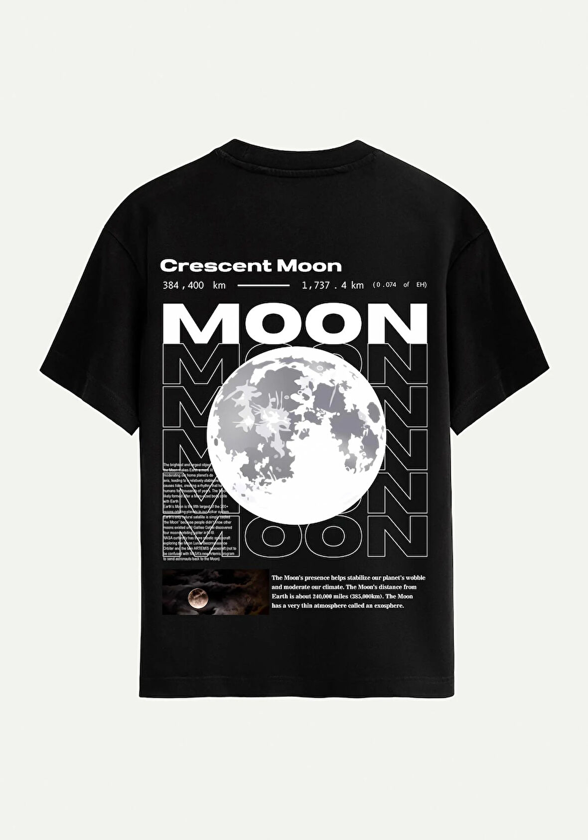 Unisex Bisiklet Yaka %100 Organik Pamuklu Kalın Dokulu Moon Baskılı Oversize T-shirt - SİYAH