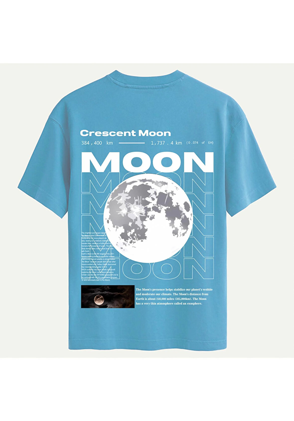 Unisex Bisiklet Yaka %100 Organik Pamuklu Kalın Dokulu Moon Baskılı Oversize T-shirt - MAVİ