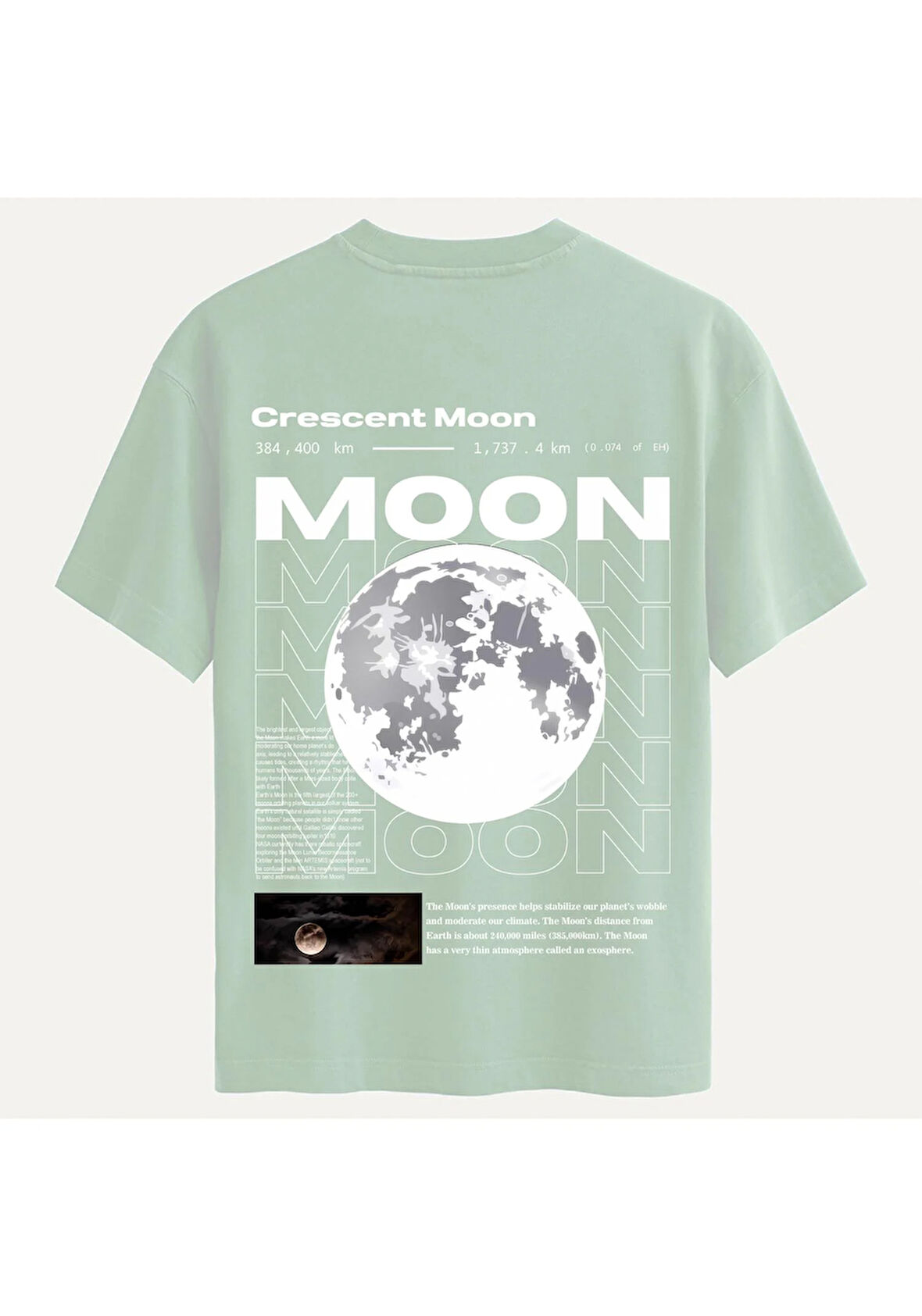 Unisex Bisiklet Yaka %100 Organik Pamuklu Kalın Dokulu Moon Baskılı Oversize T-shirt - BEJ