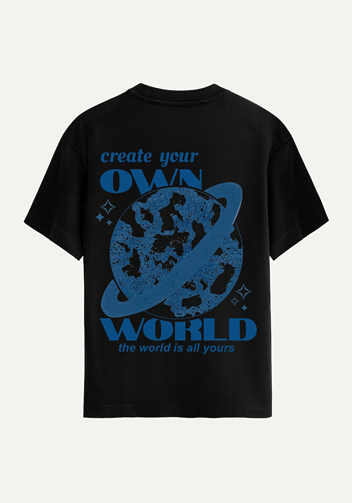 Unisex Bisiklet Yaka %100 Organik Pamuklu Kalın Dokulu Own World Baskılı Oversize T-shirt - SİYAH