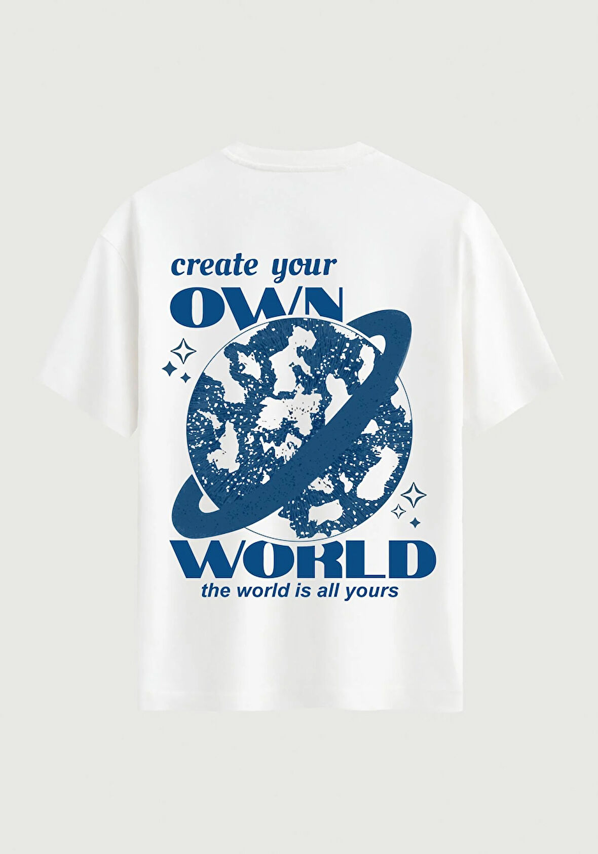 Unisex Bisiklet Yaka %100 Organik Pamuklu Kalın Dokulu Own World Baskılı Oversize T-shirt - BEYAZ