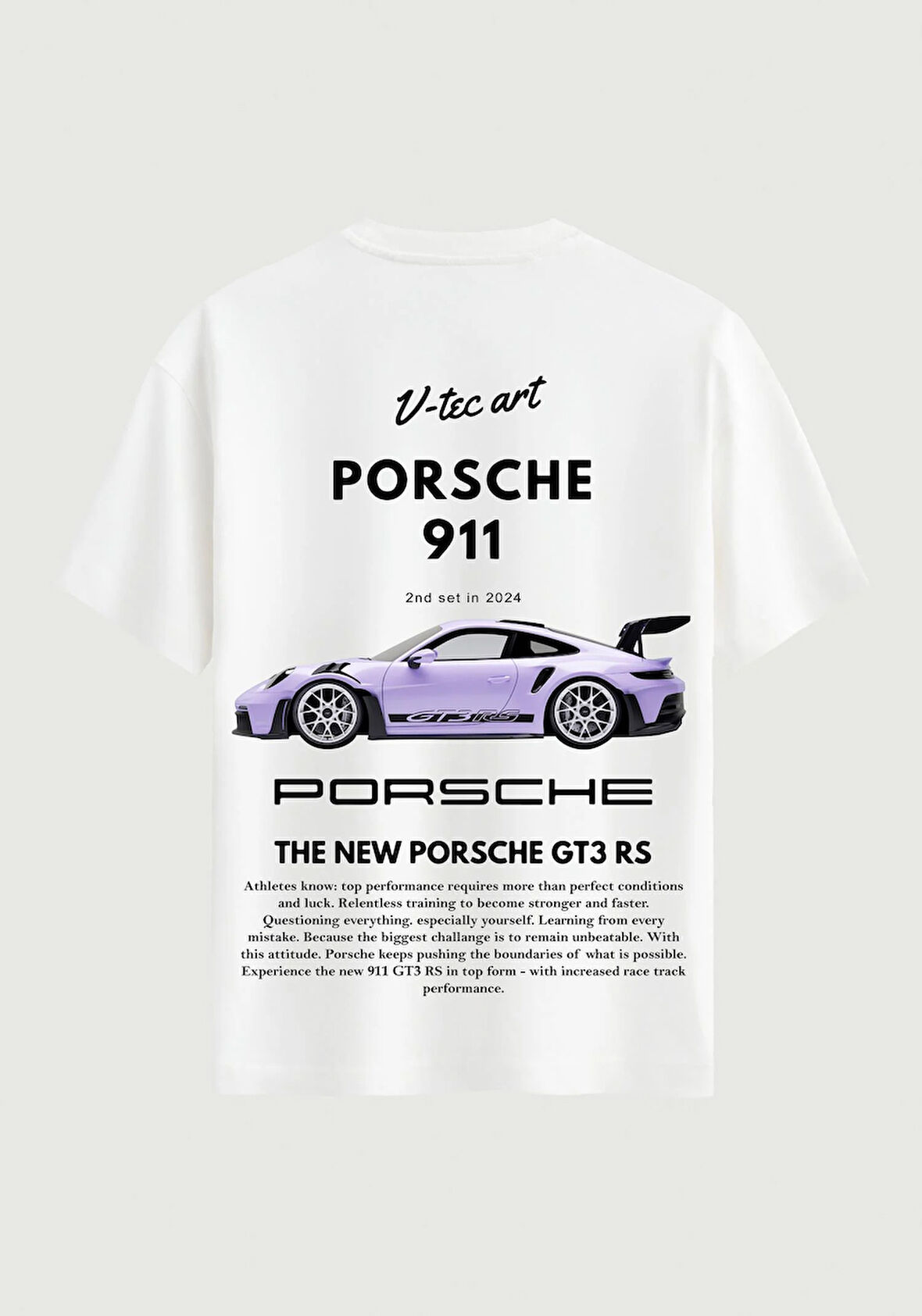 Unisex Bisiklet Yaka %100 Organik Pamuklu Kalın Dokulu Porsche 911 Baskılı Oversize T-shirt - BEYAZ