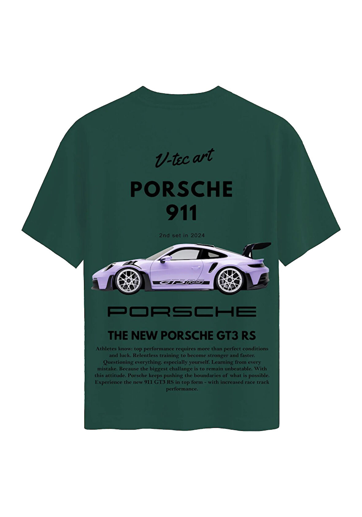 Unisex Bisiklet Yaka %100 Organik Pamuklu Kalın Dokulu Porsche 911 Baskılı Oversize T-shirt - KOYU YEŞİL