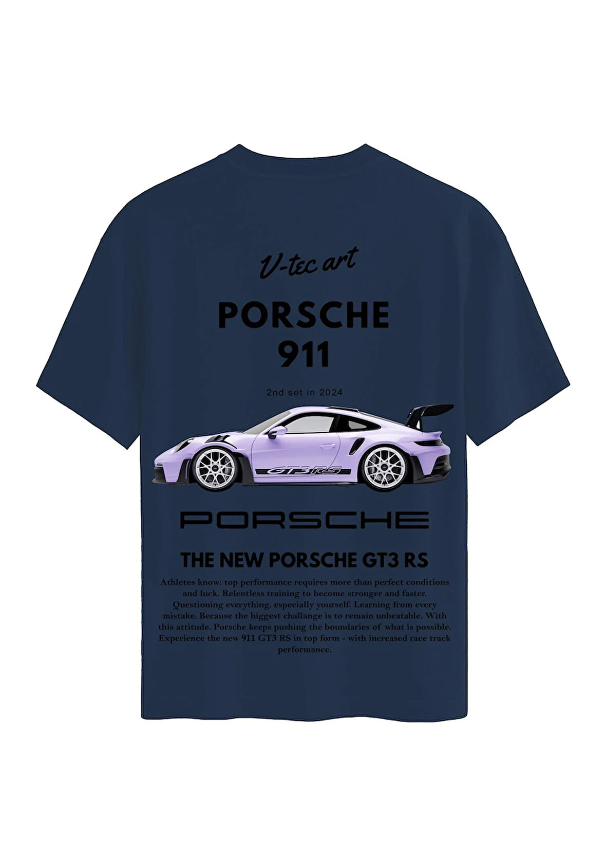 Unisex Bisiklet Yaka %100 Organik Pamuklu Kalın Dokulu Porsche 911 Baskılı Oversize T-shirt - LACİVERT