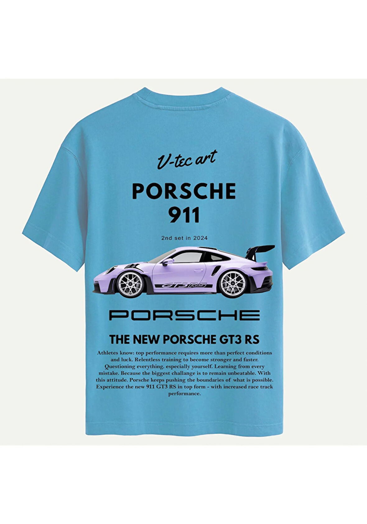 Unisex Bisiklet Yaka %100 Organik Pamuklu Kalın Dokulu Porsche 911 Baskılı Oversize T-shirt - MAVİ