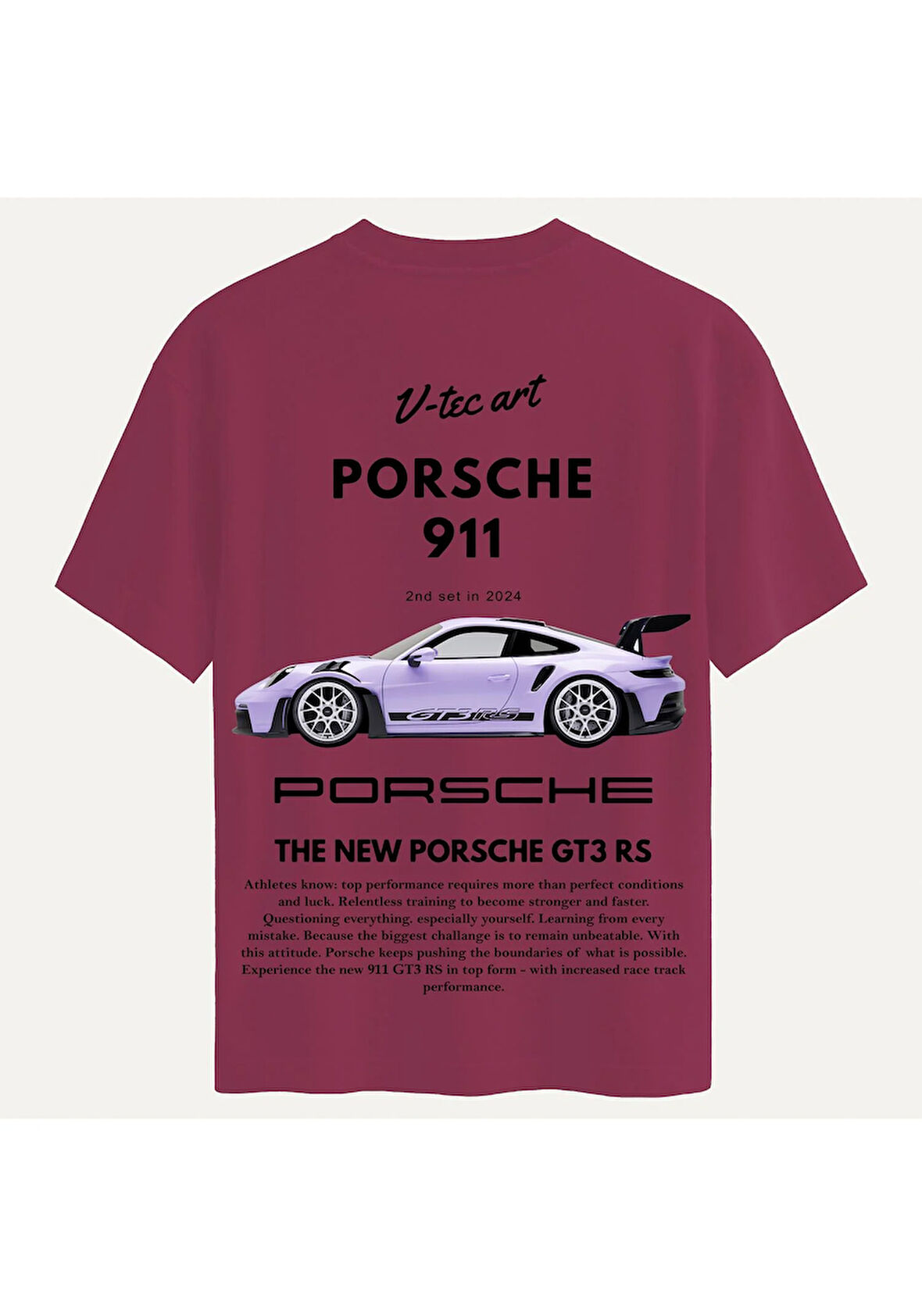 Unisex Bisiklet Yaka %100 Organik Pamuklu Kalın Dokulu Porsche 911 Baskılı Oversize T-shirt - BORDO