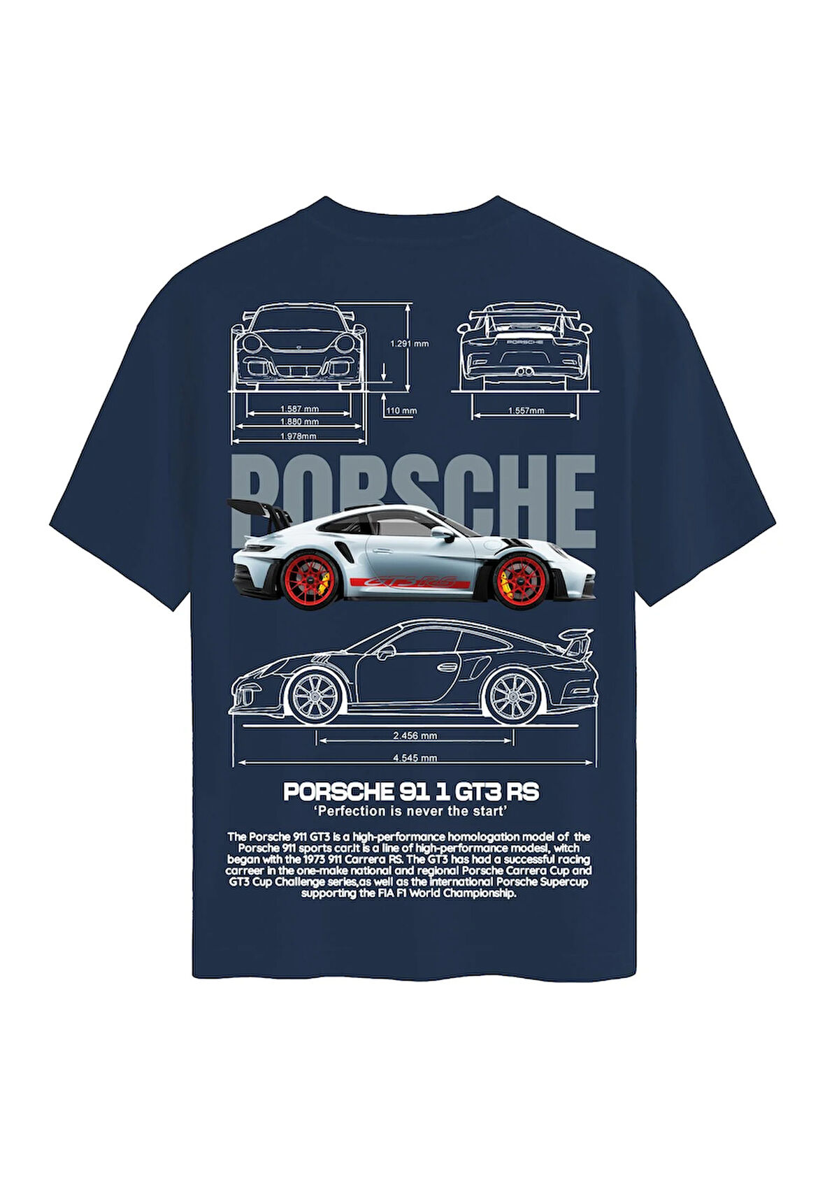 Unisex Bisiklet Yaka %100 Organik Pamuklu Kalın Dokulu Porsche 911 gt3 rs Baskılı Oversize T-shirt - LACİVERT